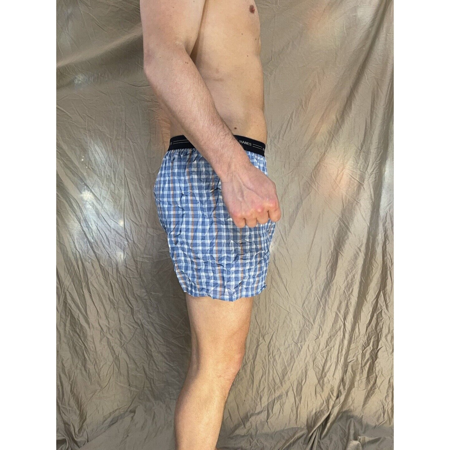 men's hanes blue plaid boxer shorts large confort flex
