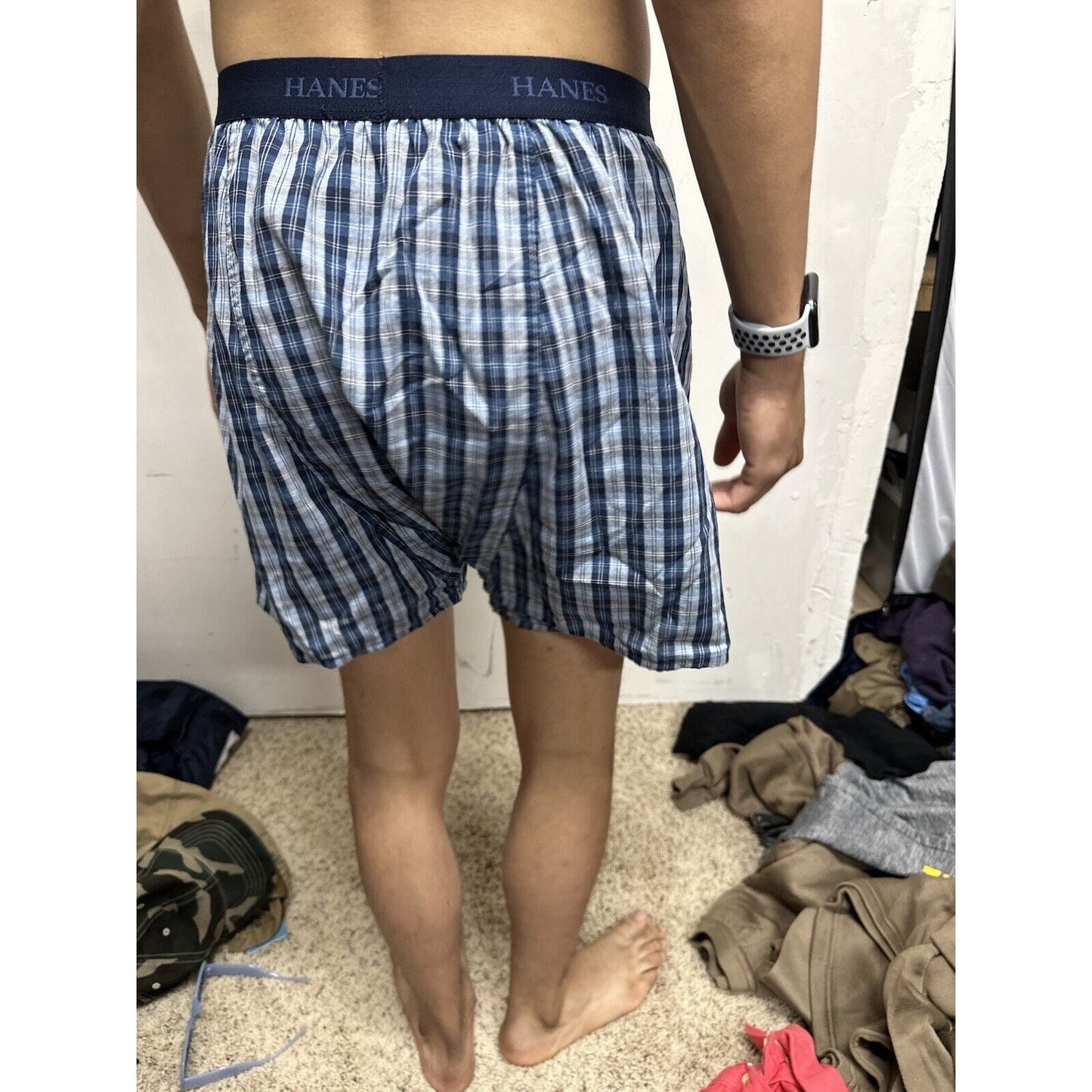 Men’s Hanes Blue Gray Plaid Medium Boxer Shorts Fruit Of The Loom