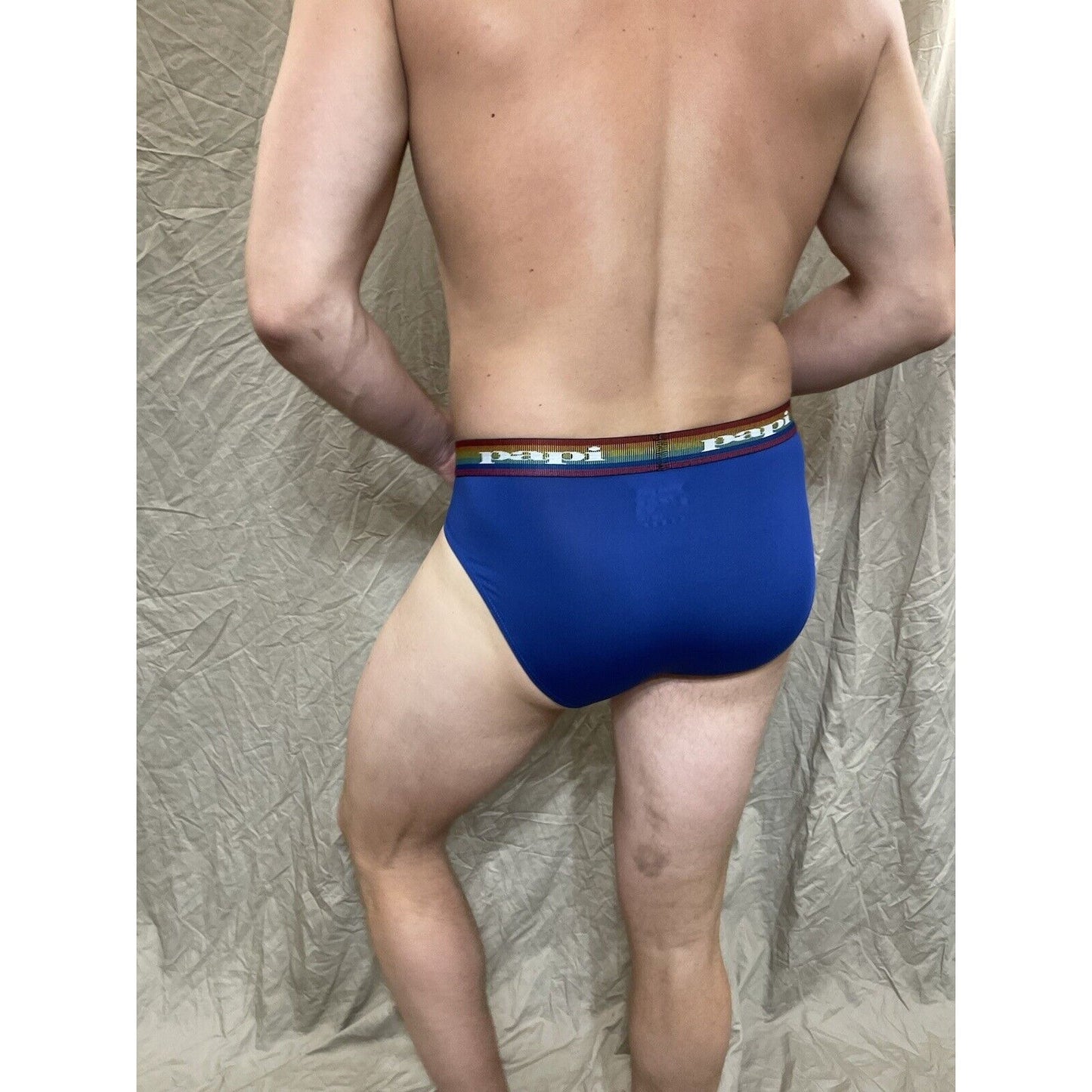 men's Blue rainbow pride papi brief 8% spandex XL
