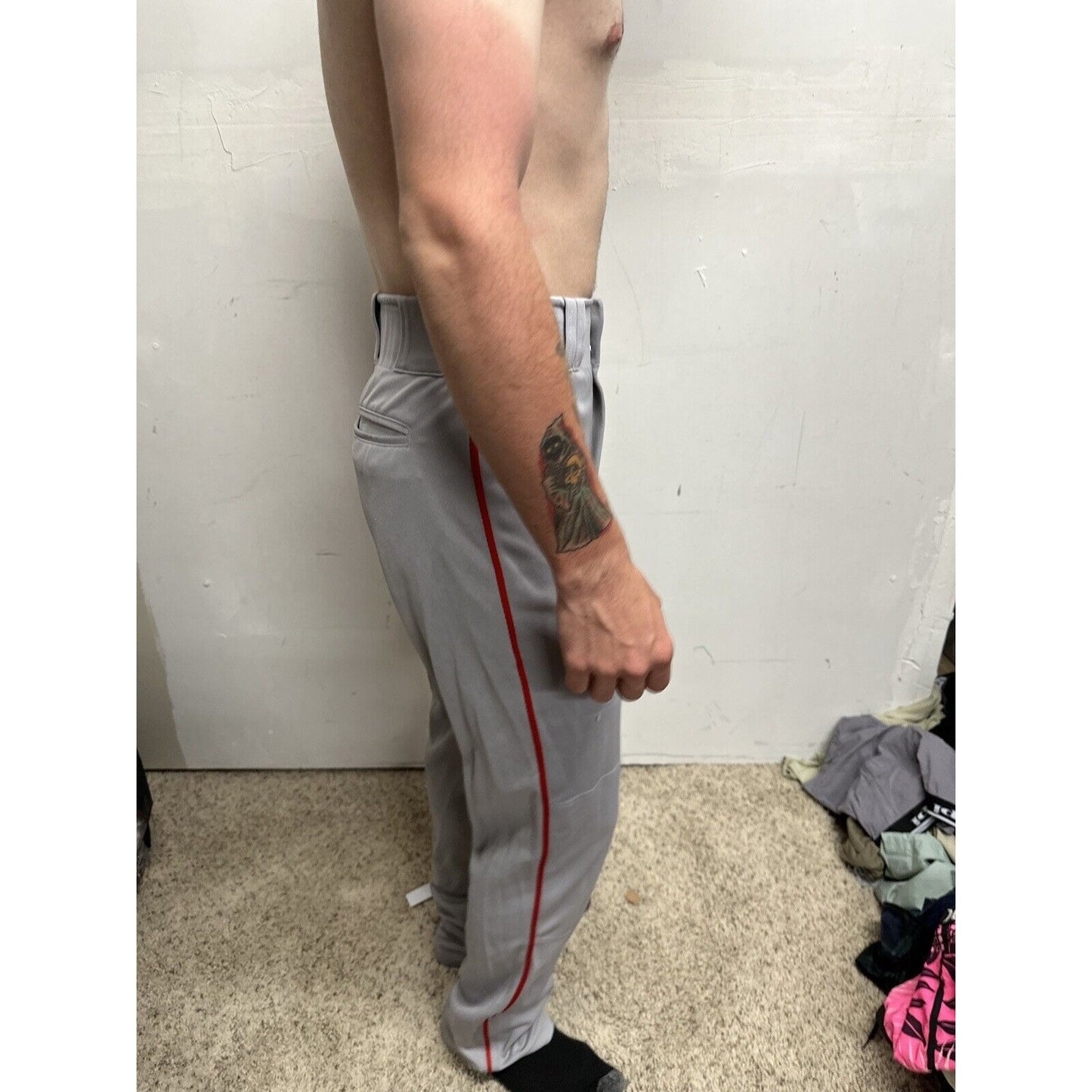 Men’s Chanmpro Adult Medium Gray Baseball Pants Red Stripe