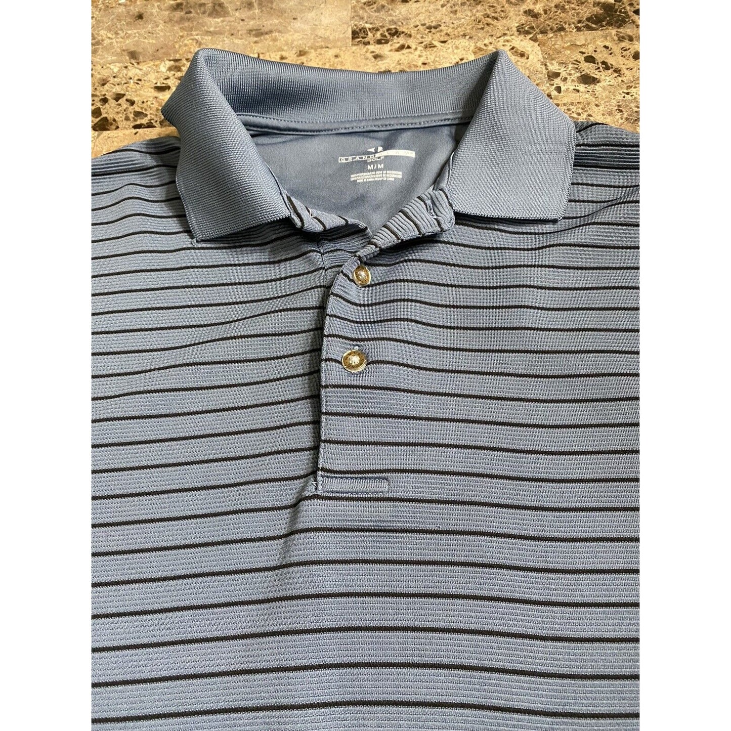 GRAND SLAM PERFORMANCE GOLF Lichen Blue w/Black Stripes Men’s Medium Polo Shirt