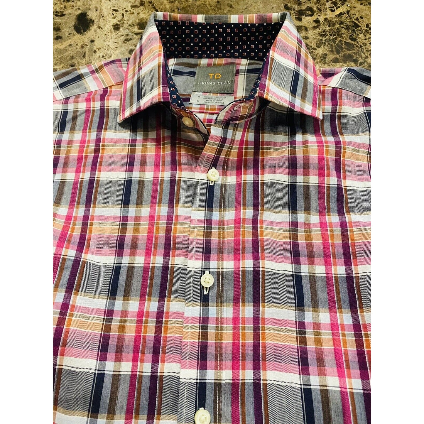 Thomas Dean Men’s Medium Pink Hue Plaid Button-down Casual Long Sleeves
