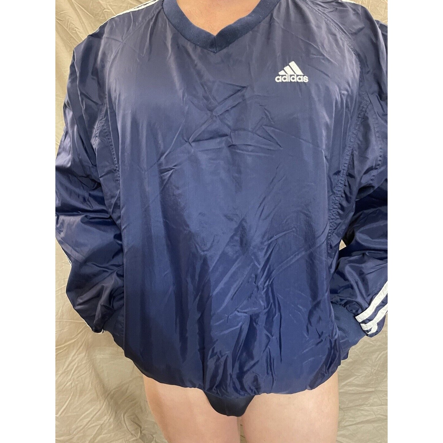 Blue Adidas Mens Team Windbreaker Sz. Large Striped Pullover