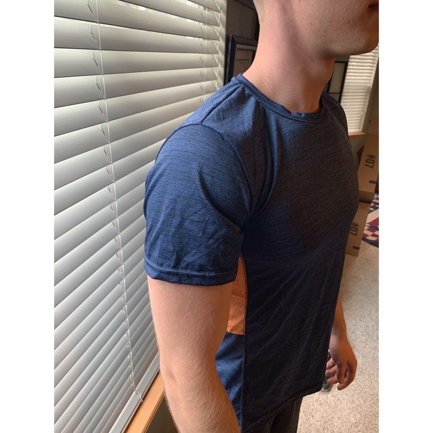 RE Perfromance Navy Blue Athletic T-Shirt With Orange Striping