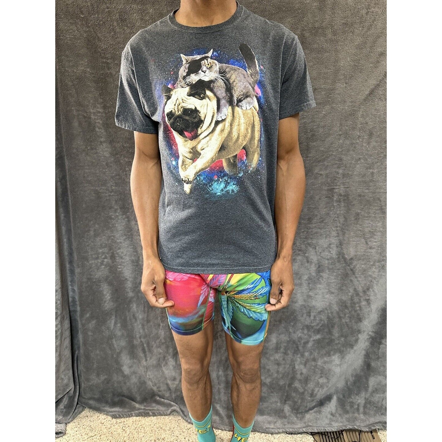 Men’s Gray Fifthsun Medium Tshirt Pug And Pirate Cat In Space