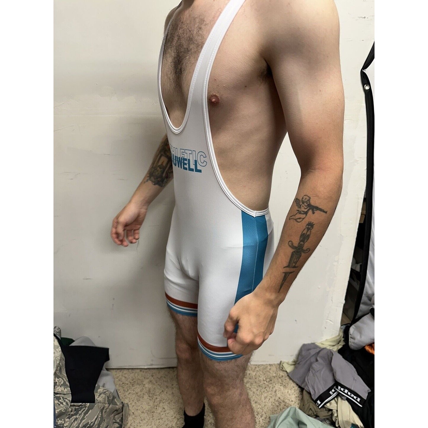 Men’s Tauwell White And Aqua Wrestling Singlet Large