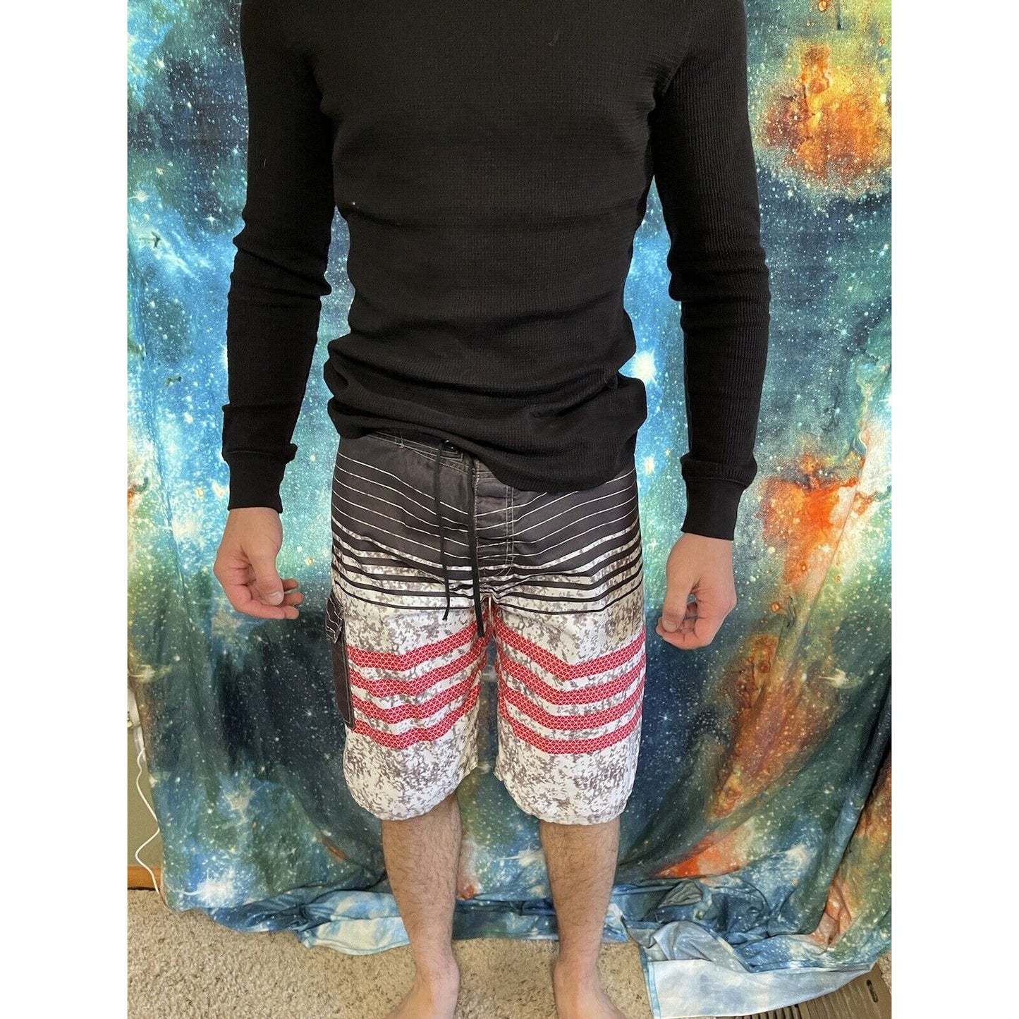 NONWE Mens Board Shorts Sz 30 Black Red Stripes Swim trunks