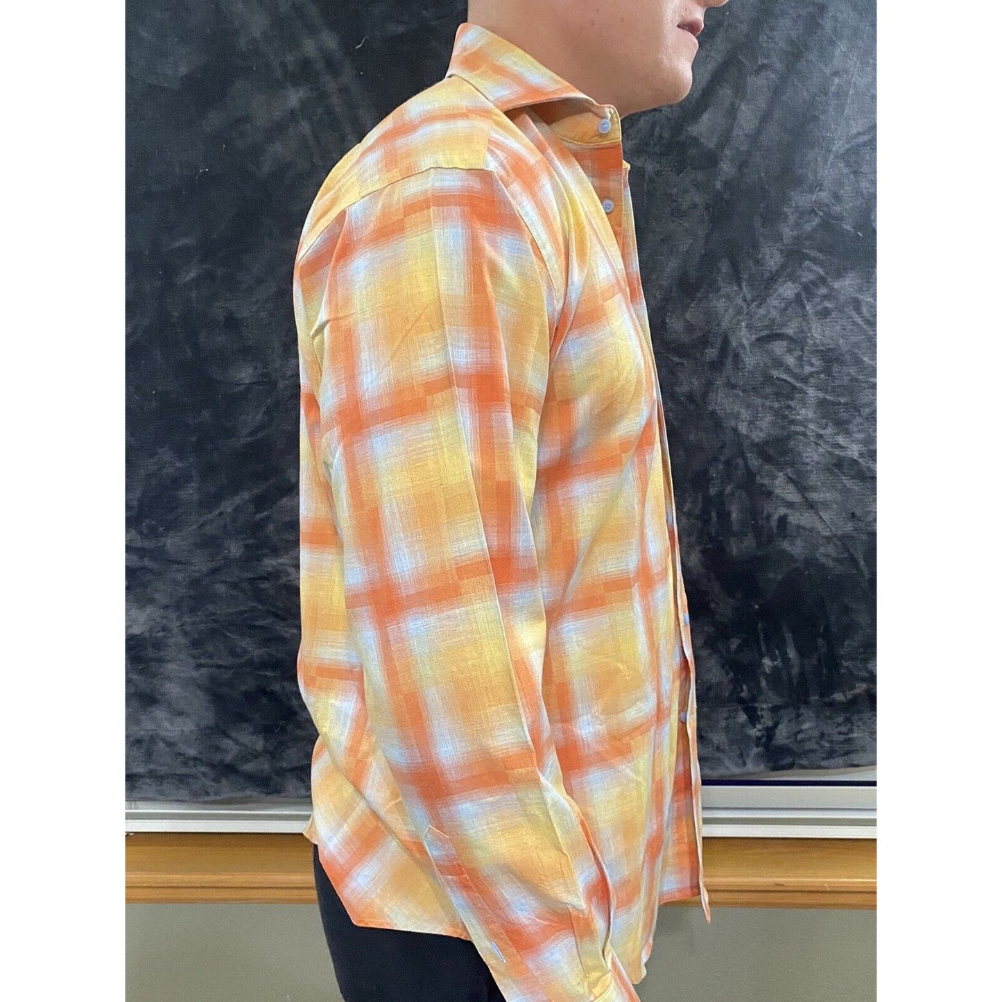 Thomas Dean Men's Medium Yellow & Orange Plaid Button-down Long Sleeves