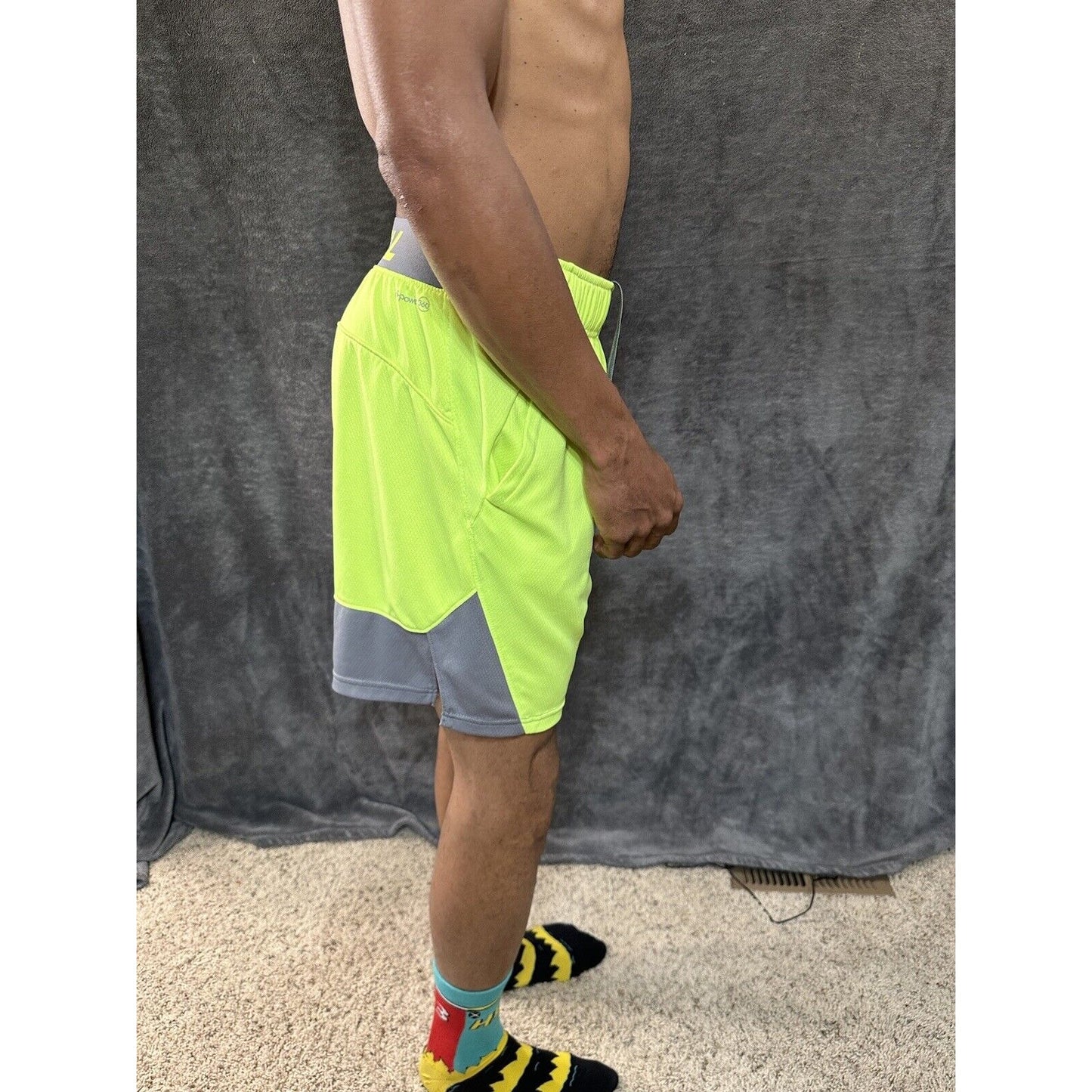 Men’s Neon Yellow Russell Athletic Shorts Zippered Pockets Medium