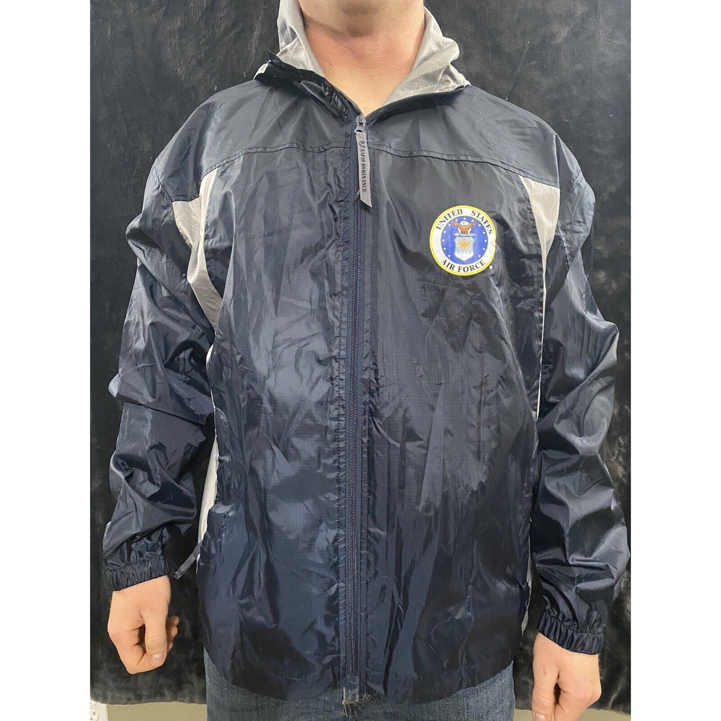U.S. AIR FORCE Rapid Dominance Men’s Large Navy Blue Windbreaker Jacket Hoodie