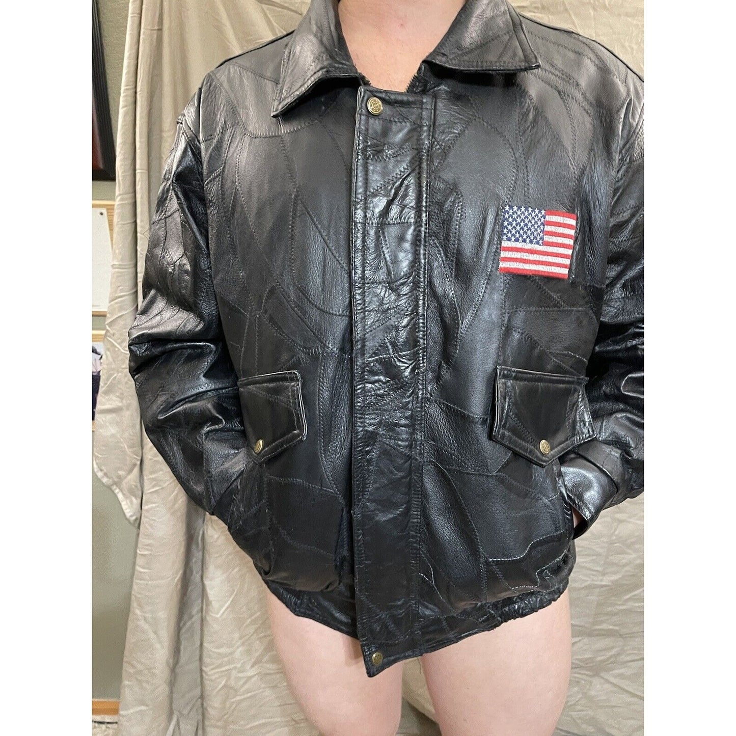 Men's XL genuine leather god bless america black Jacket