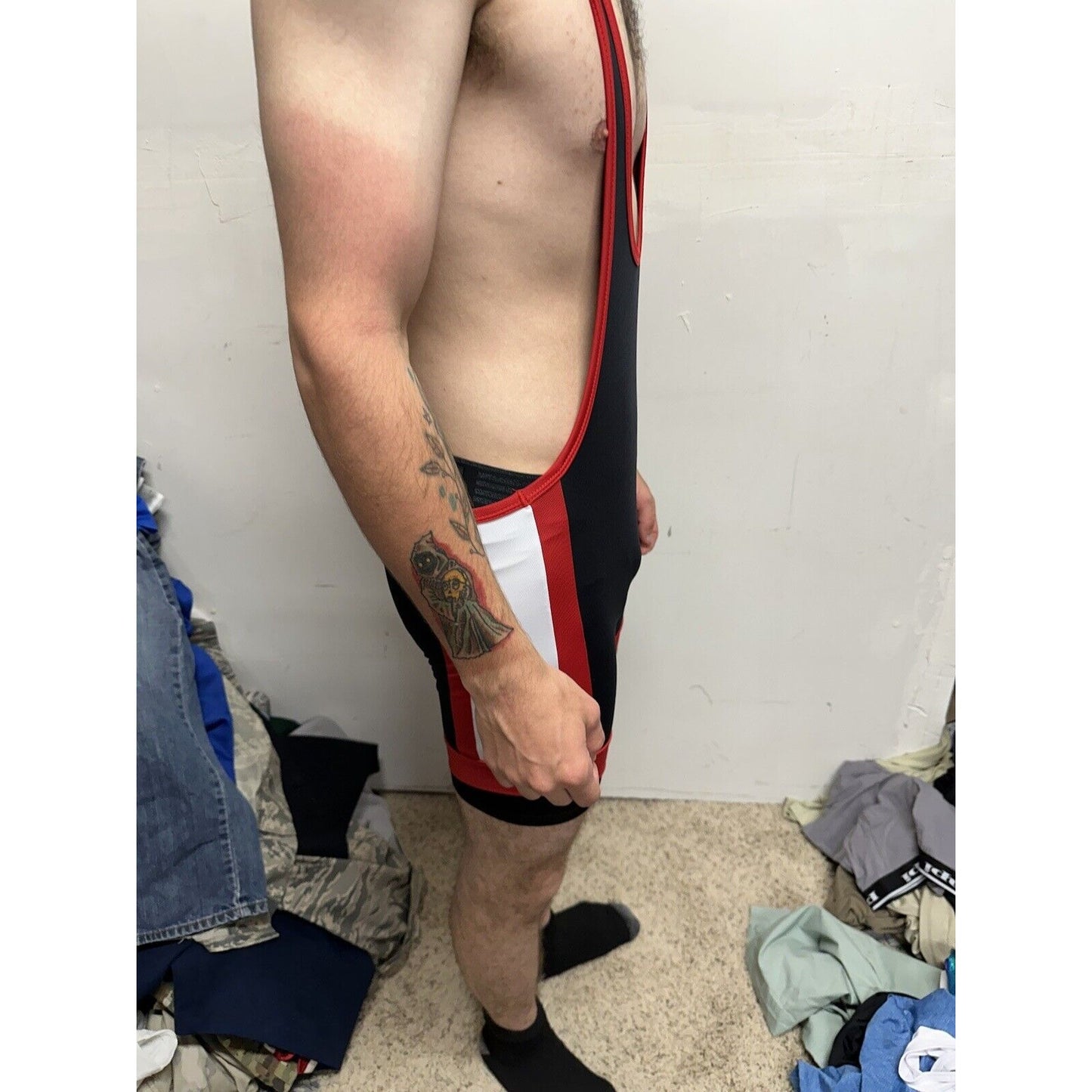 Men’s Tauwell Wrestling Singlet Black And Red With White Large