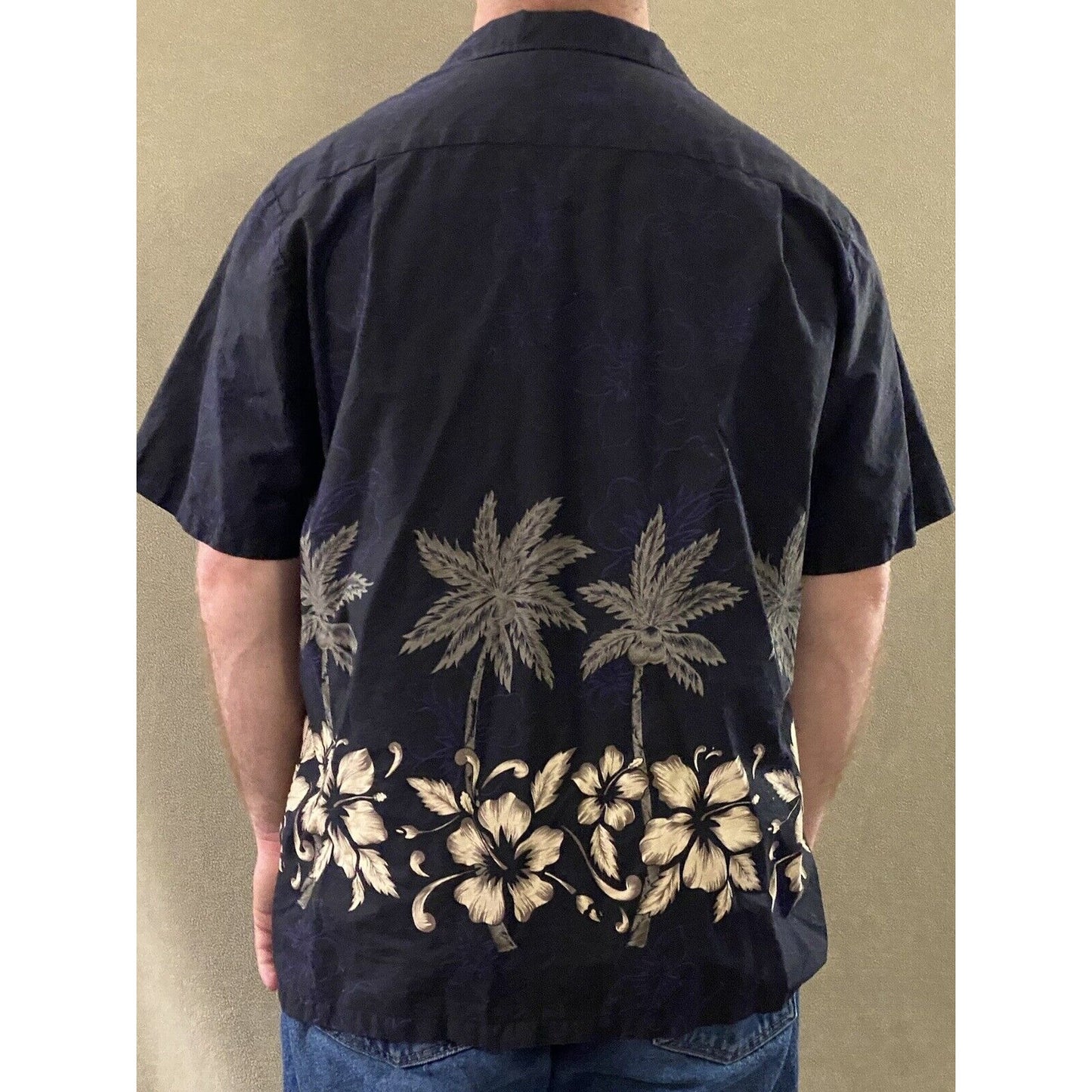RJC Men’s XL Black Hawaiian Summer Palm Trees Hibiscus Flowers Button-down Shirt