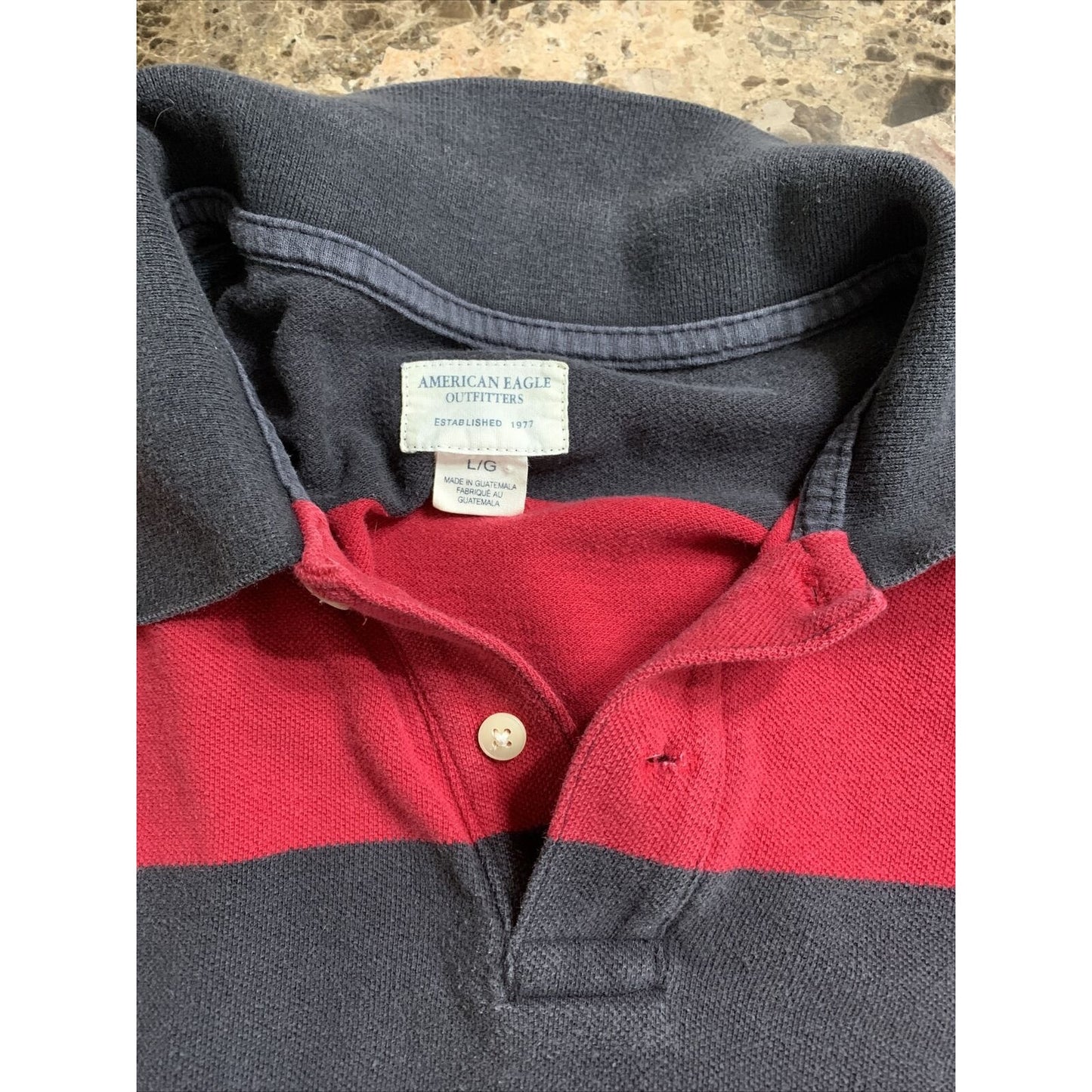 Mens American Eagle Logo Red & Black Striped Polo Short Sleeve Shirt Large