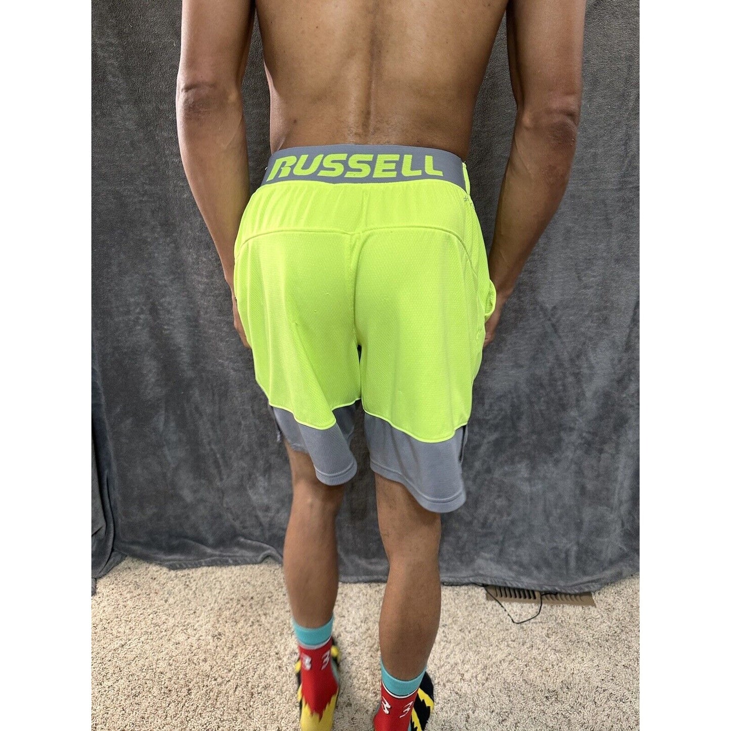 Men’s Neon Yellow Russell Athletic Shorts Zippered Pockets Medium