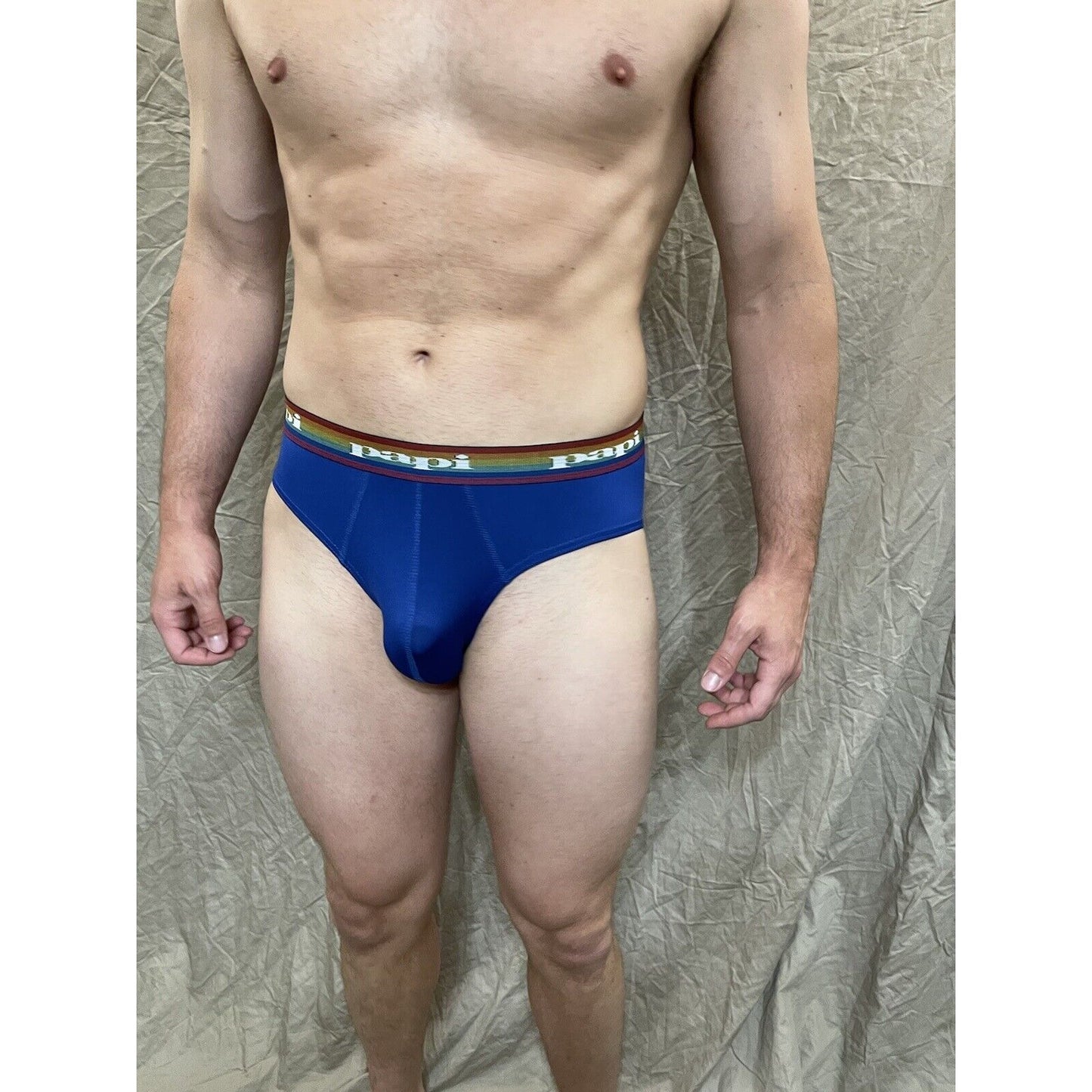 men's Blue rainbow pride papi brief 8% spandex XL