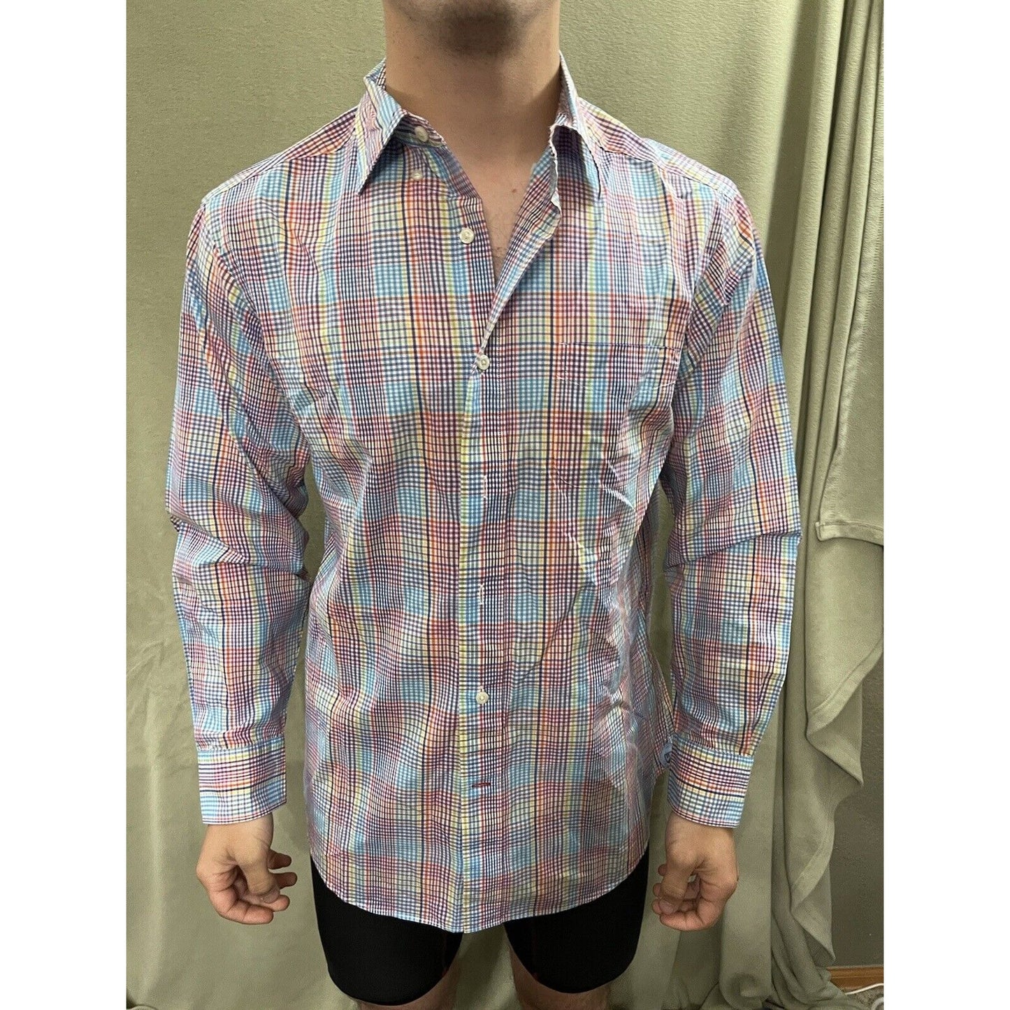 Cremieux Mens Button Down Casual Long Sleeve Shirt Rainbow Plaid Medium Cotton