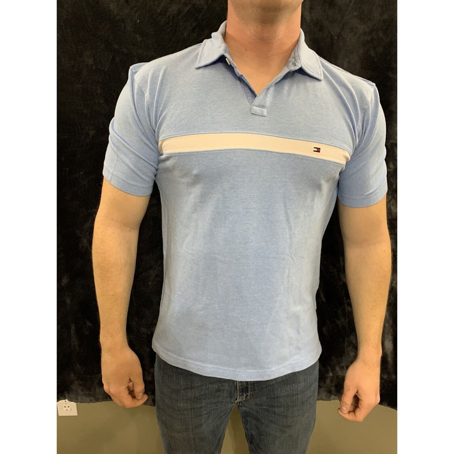 Vintage Tommy Hilfiger Polo Golf Shirt Blue Cotton Stretch Size Medium
