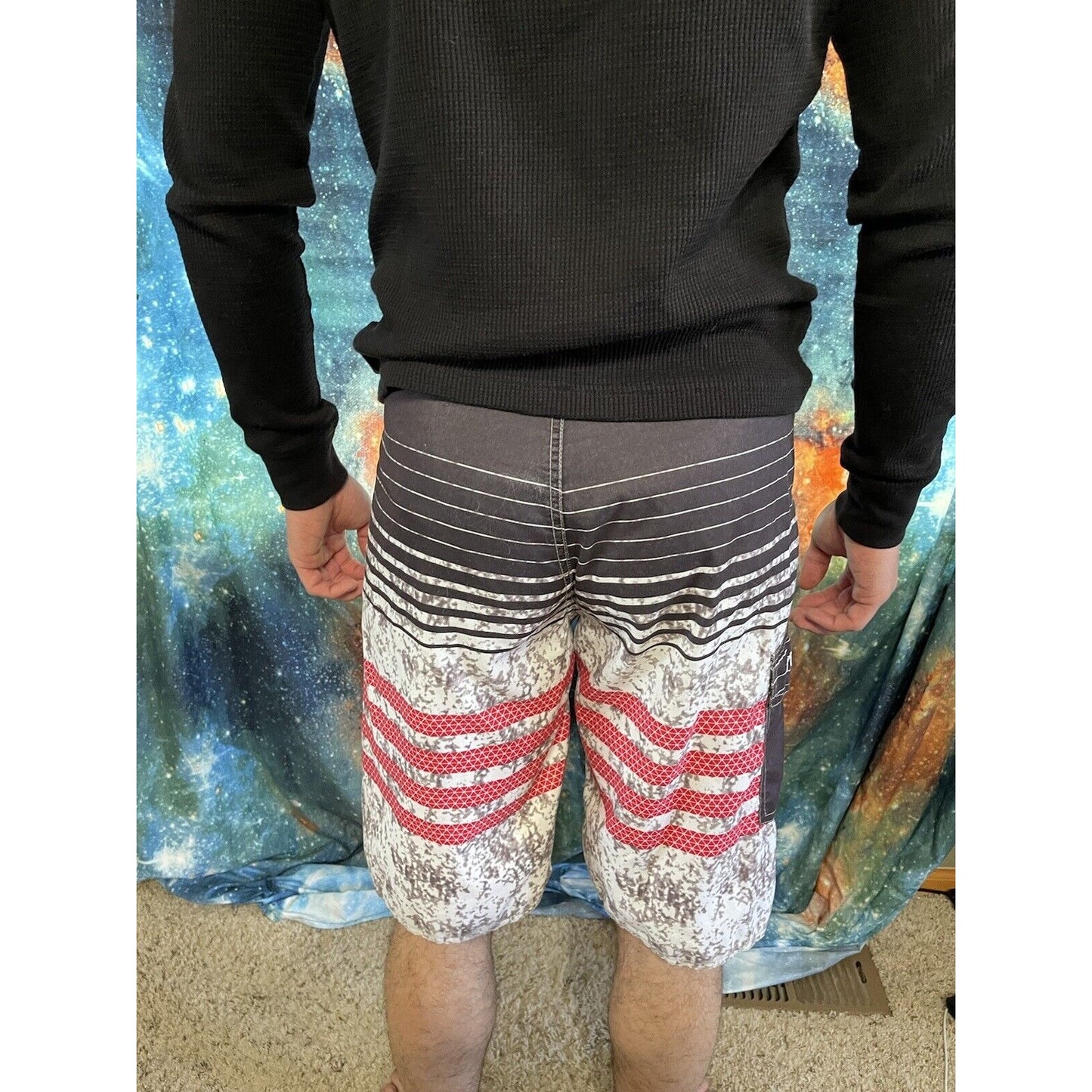 NONWE Mens Board Shorts Sz 30 Black Red Stripes Swim trunks