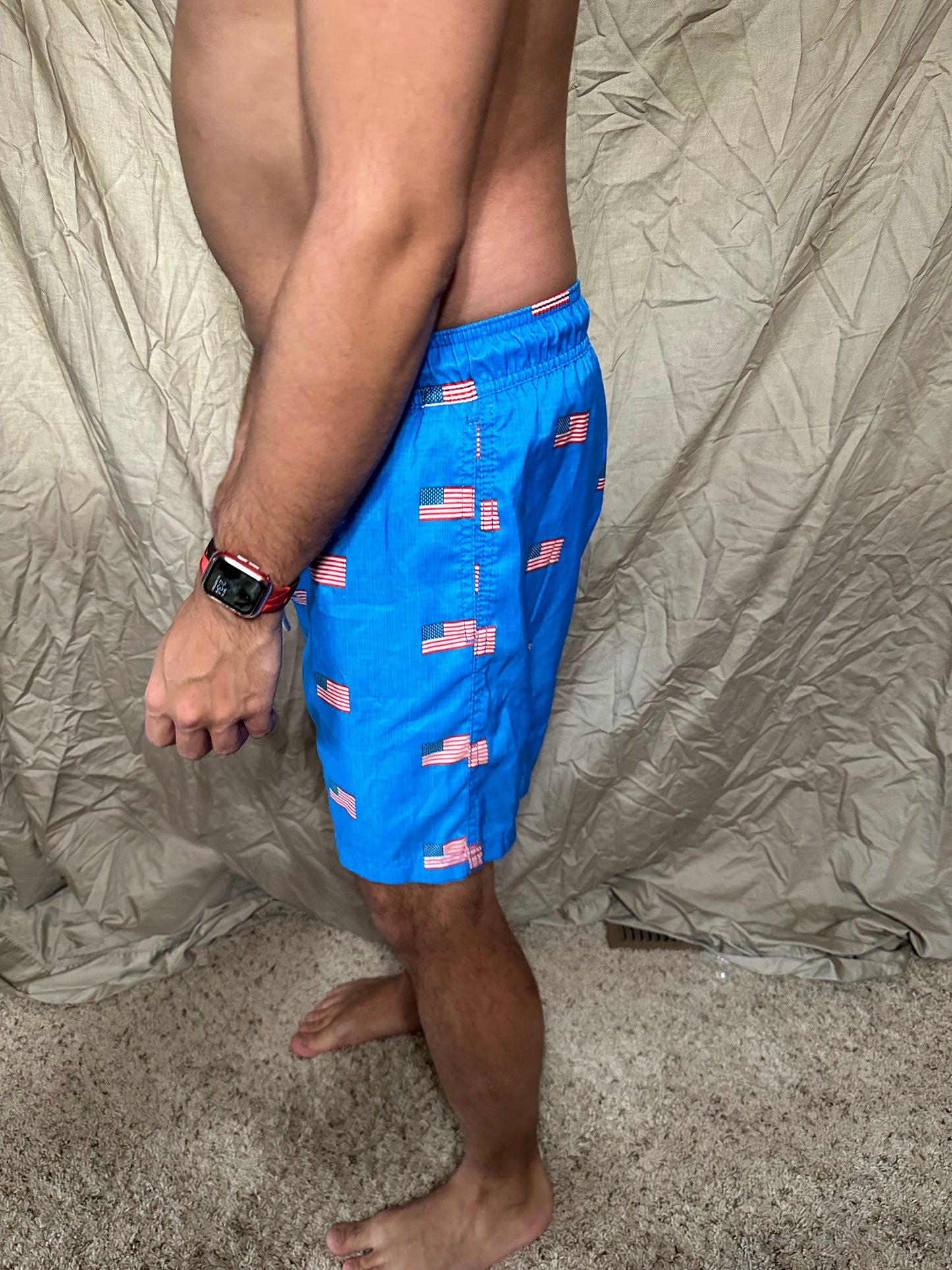Men’s blue American flag patriotic size medium bathing suit with lining and pockets us apparel