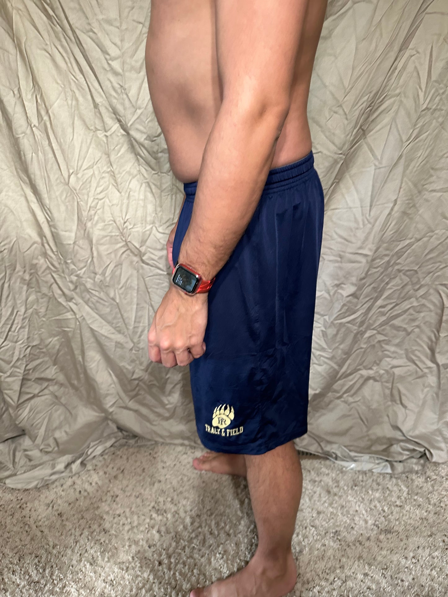 Men’s navy blue under armour heat gear loose shorts athletic no pockets rampart ridge high school track and field