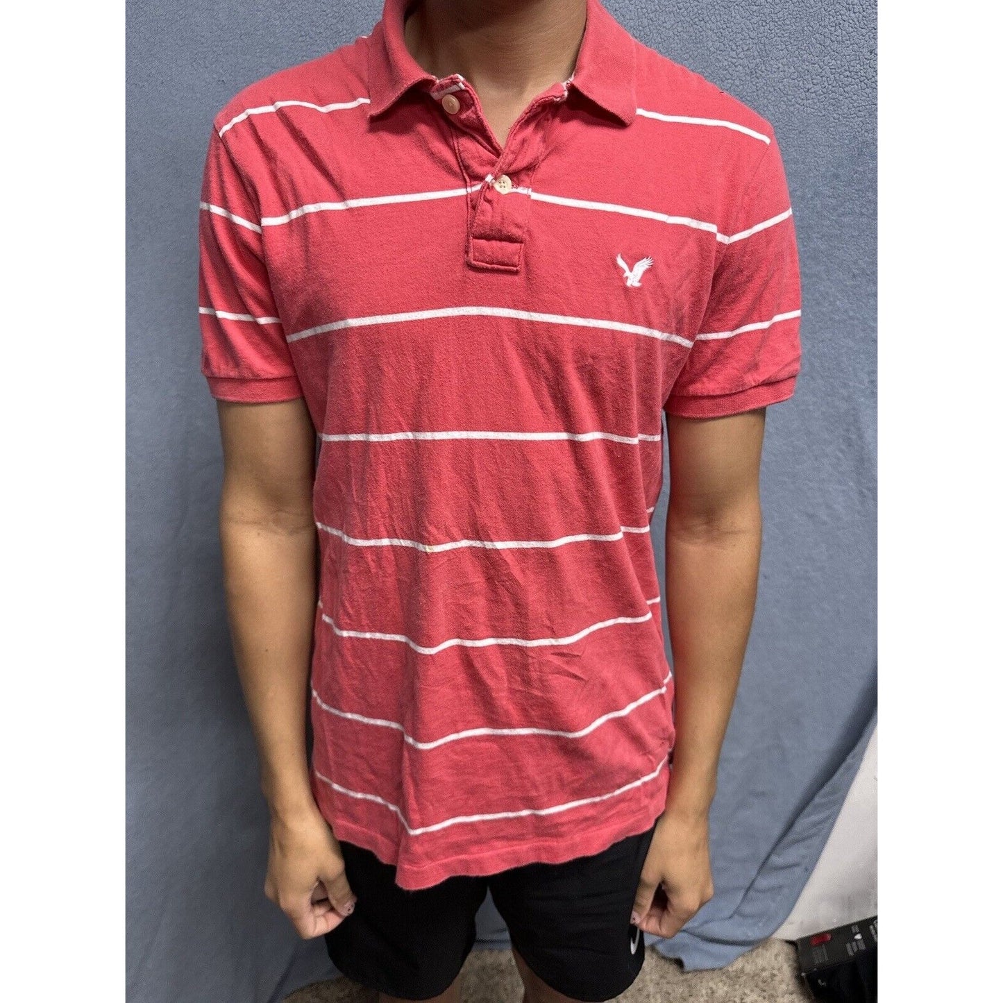 Salmon Pink Men’s Striped American Eagle Vintage Fit Large Polo Shirt