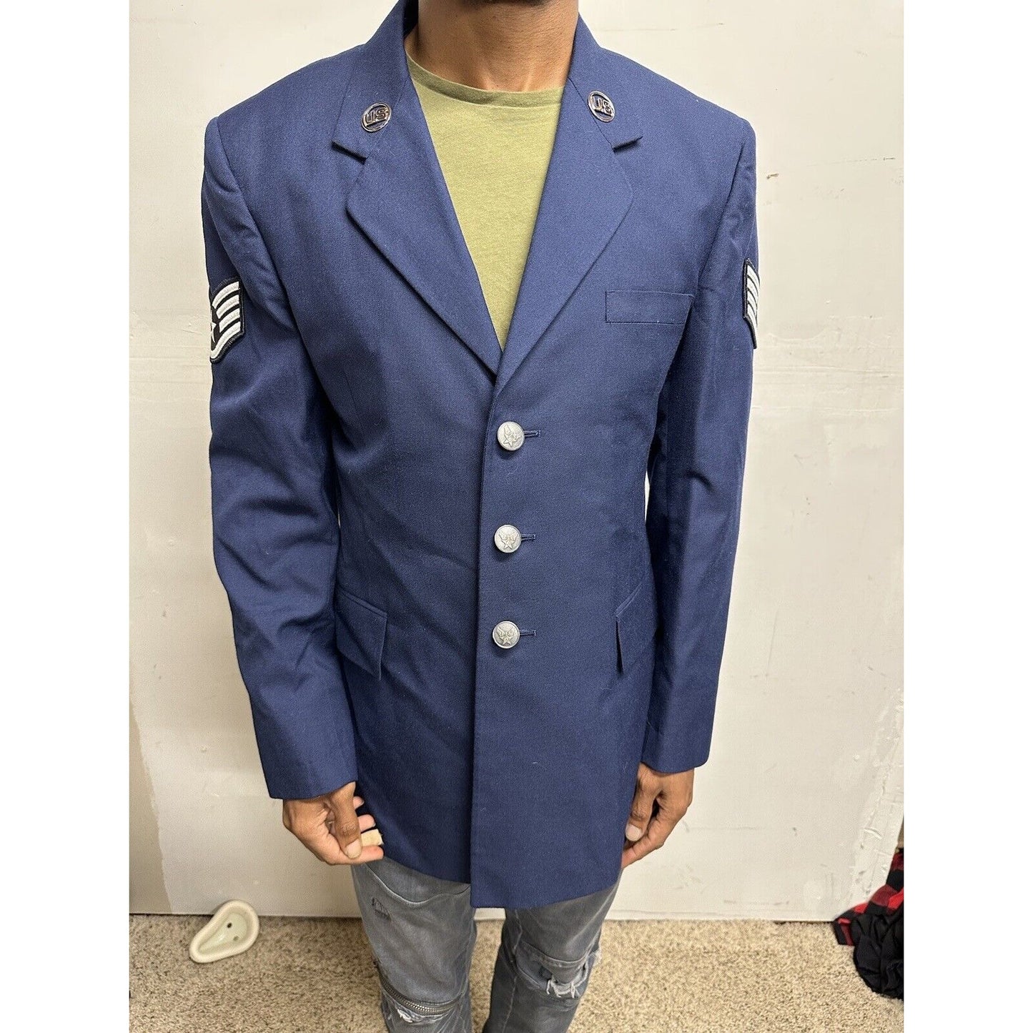 Men’s 40R Coat Uniform Air Force Blue Jacket Staff Sergeant Rank US Insignia