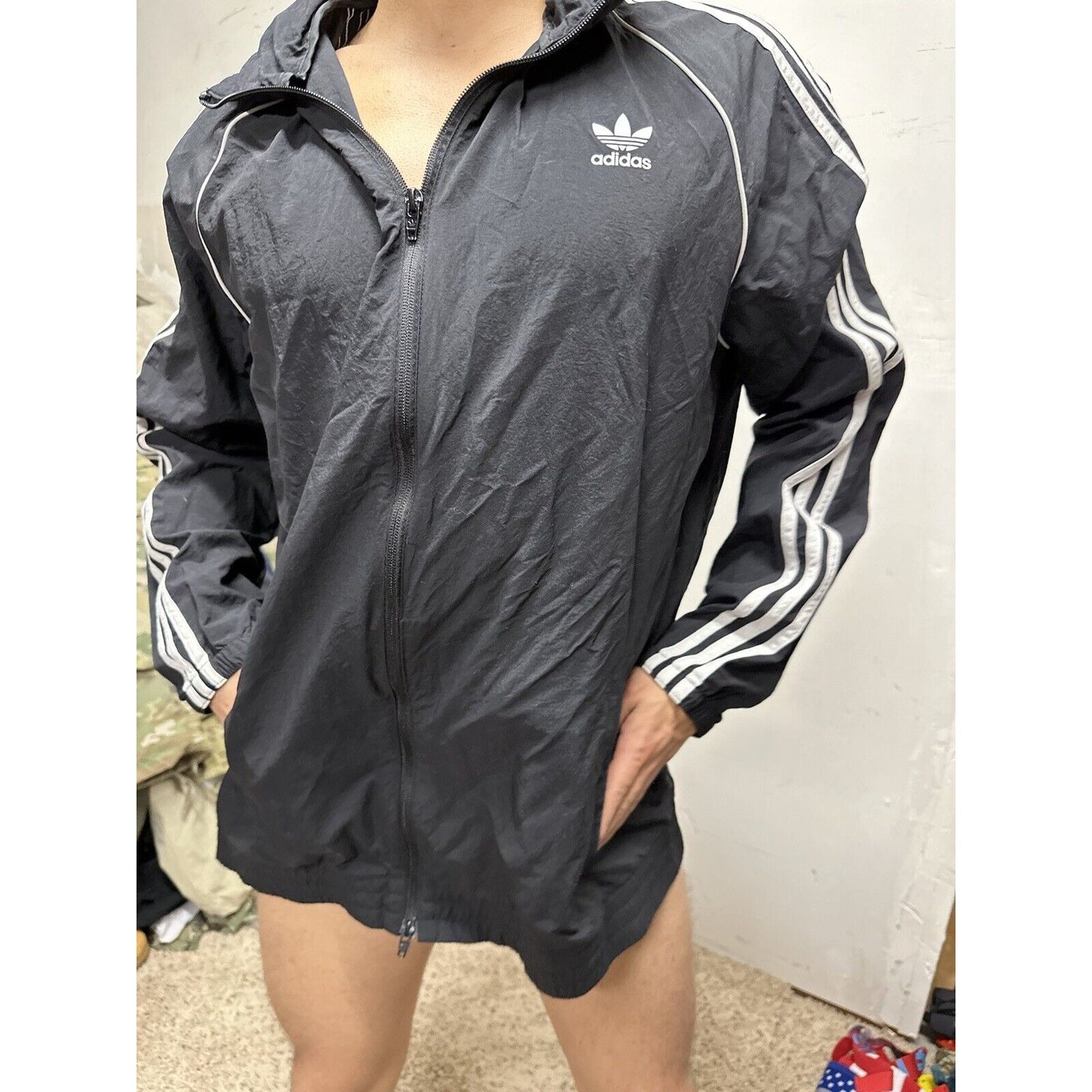 Adidas Men's Full Zip Hoodie Black /White Stripe