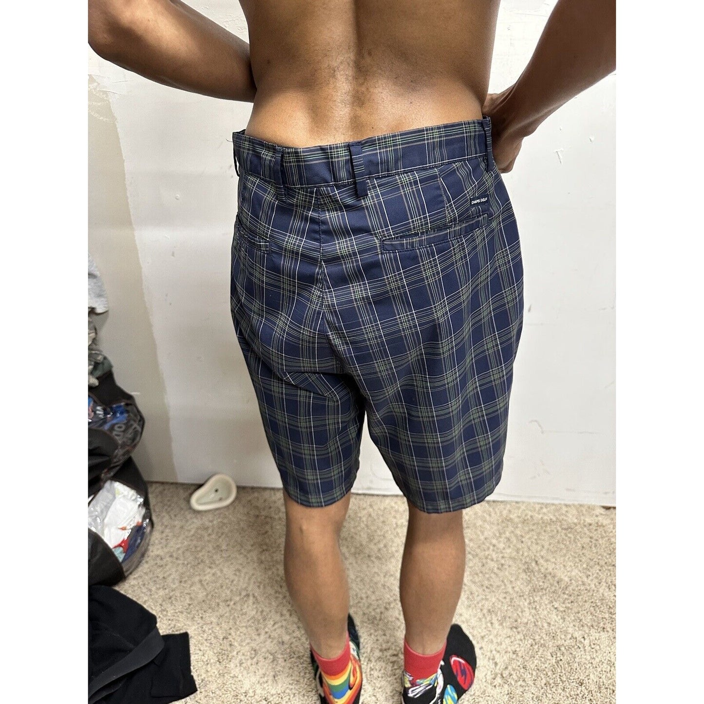 CHAPS Golf 78 Shorts Mens 36 Navy/Green/Grey Plaid Flat Front Stretch