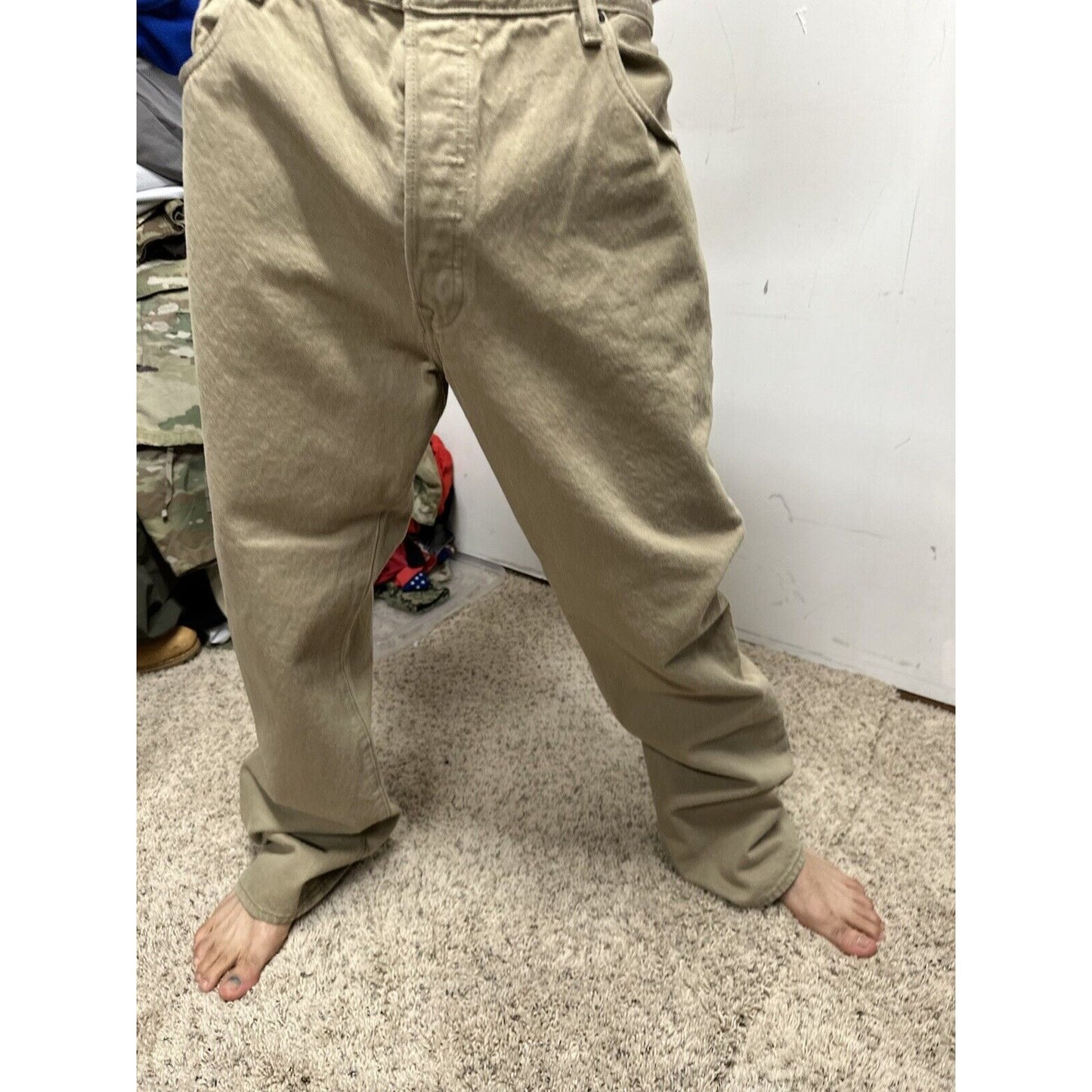 Levi's 501 Denim Beige Khaki Jeans - Size 40 X 32 Button Fly Lightweight Denim