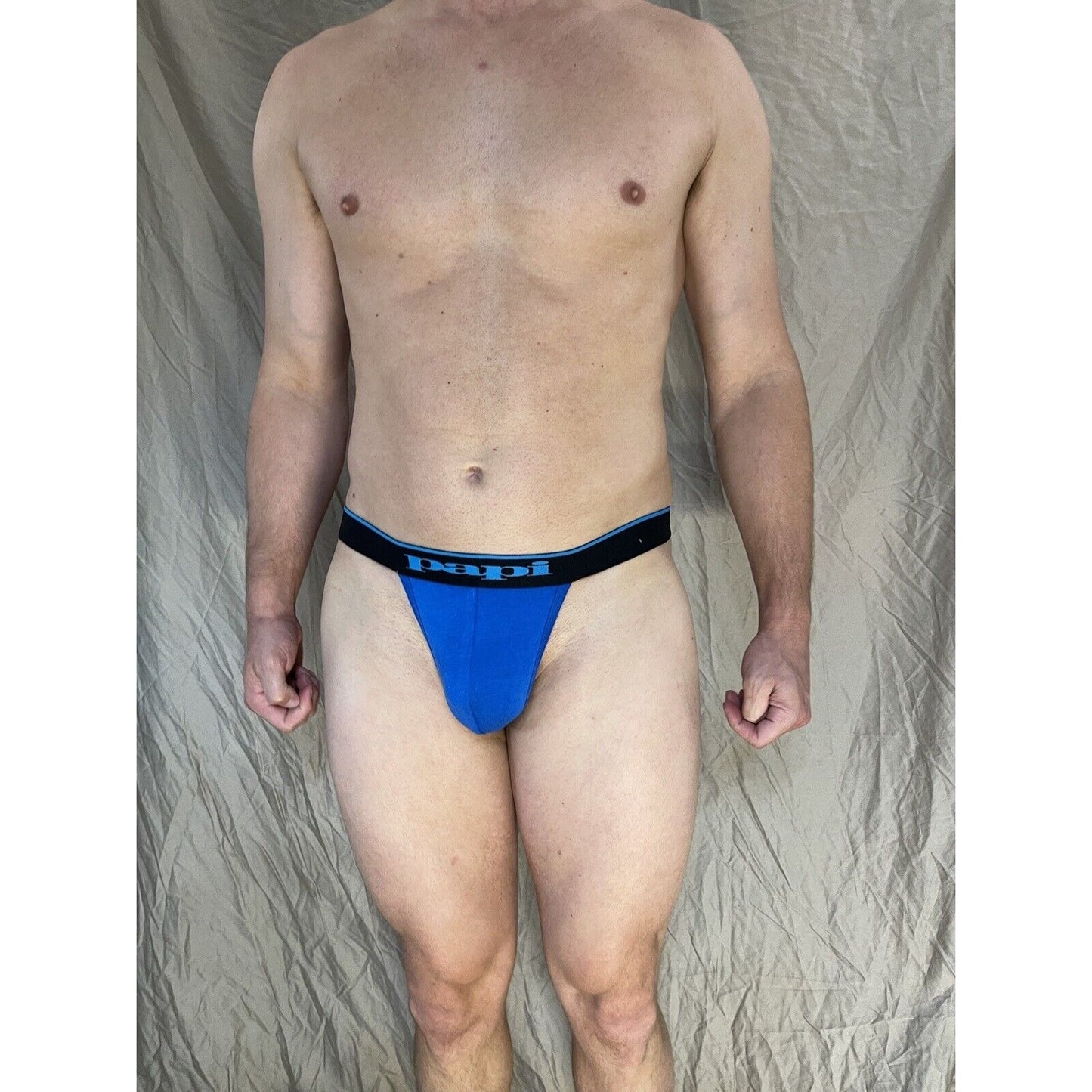 men's papi Royal Blue Thong with Aqua lettering Medium