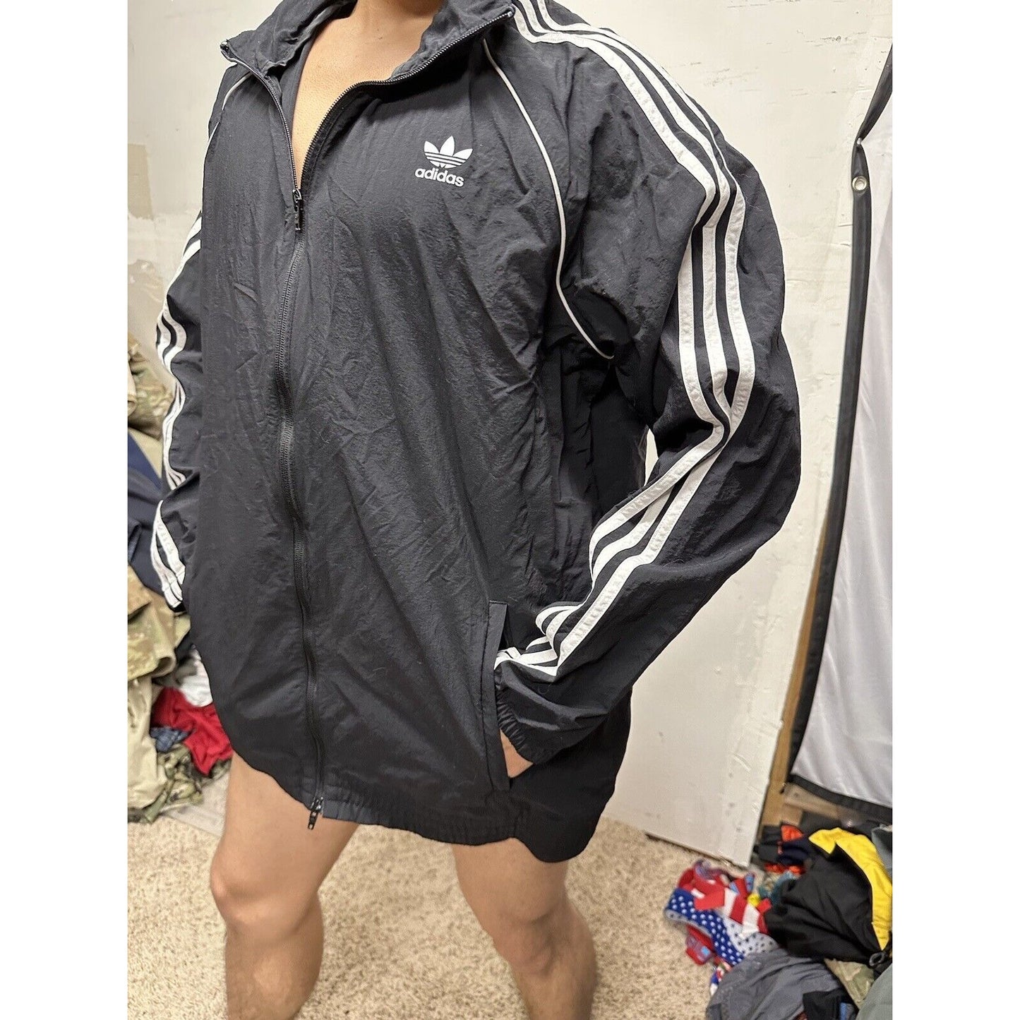 Adidas Men's Full Zip Hoodie Black /White Stripe