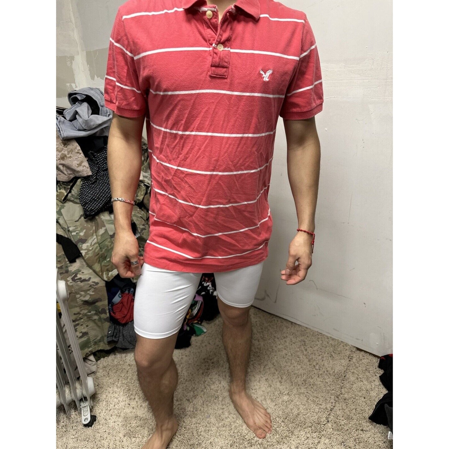 Men’s Vintage Fit American Eagle Polo Large Pink White Striped