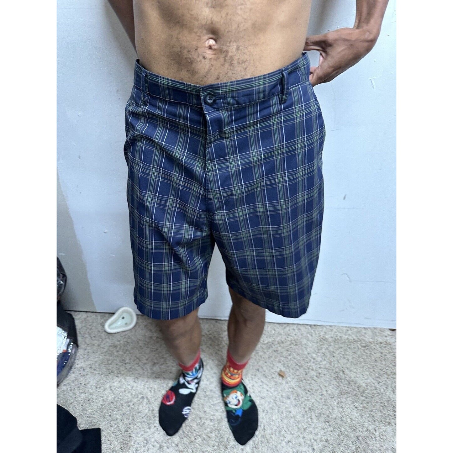 CHAPS Golf 78 Shorts Mens 36 Navy/Green/Grey Plaid Flat Front Stretch