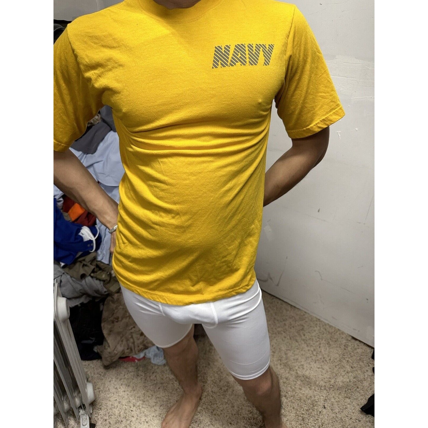 Men’s US Navy Small Yellow PT Physical Fitness Uniform Shirt Short Sleeves