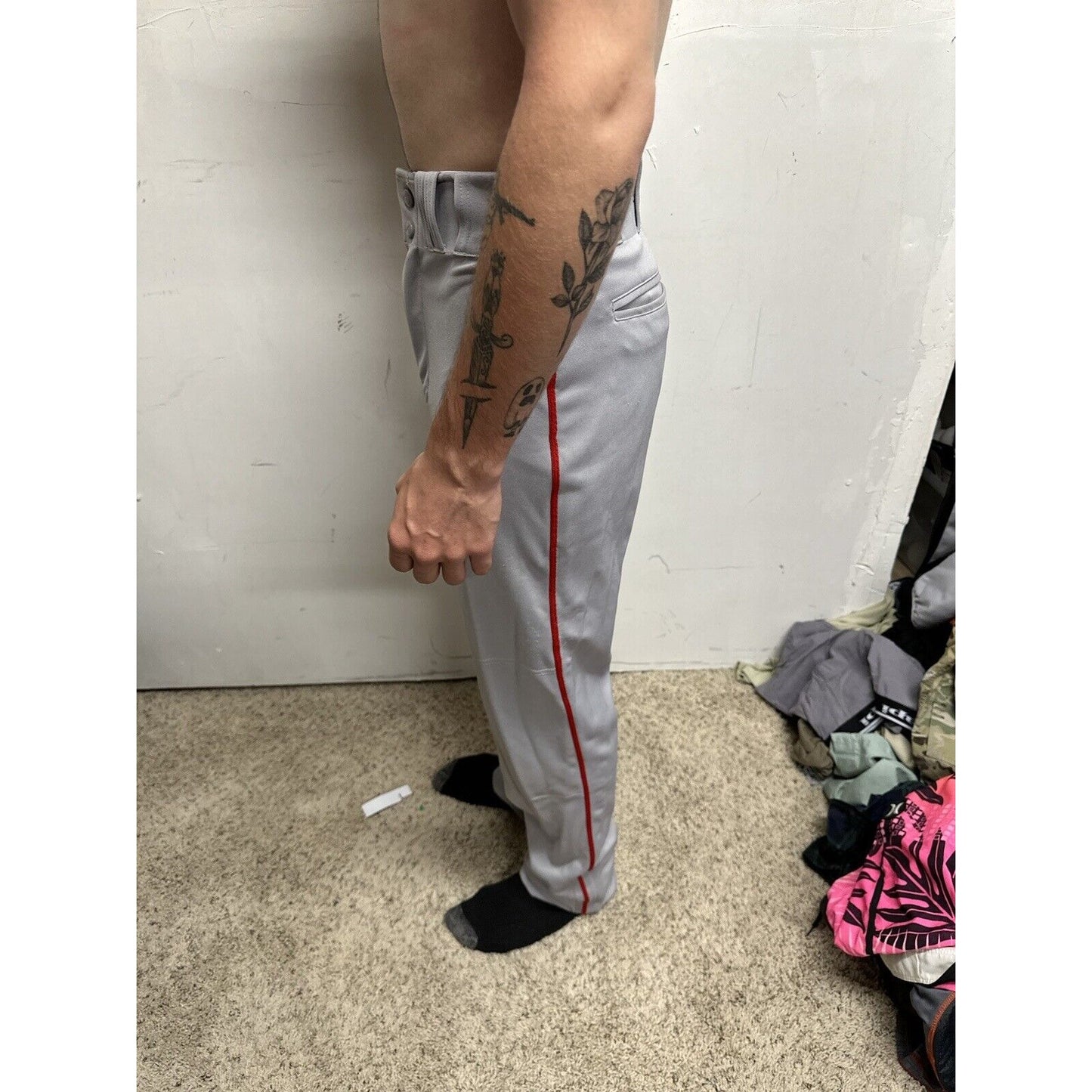 Men’s Chanmpro Adult Small Gray Baseball Pants Red Stripe