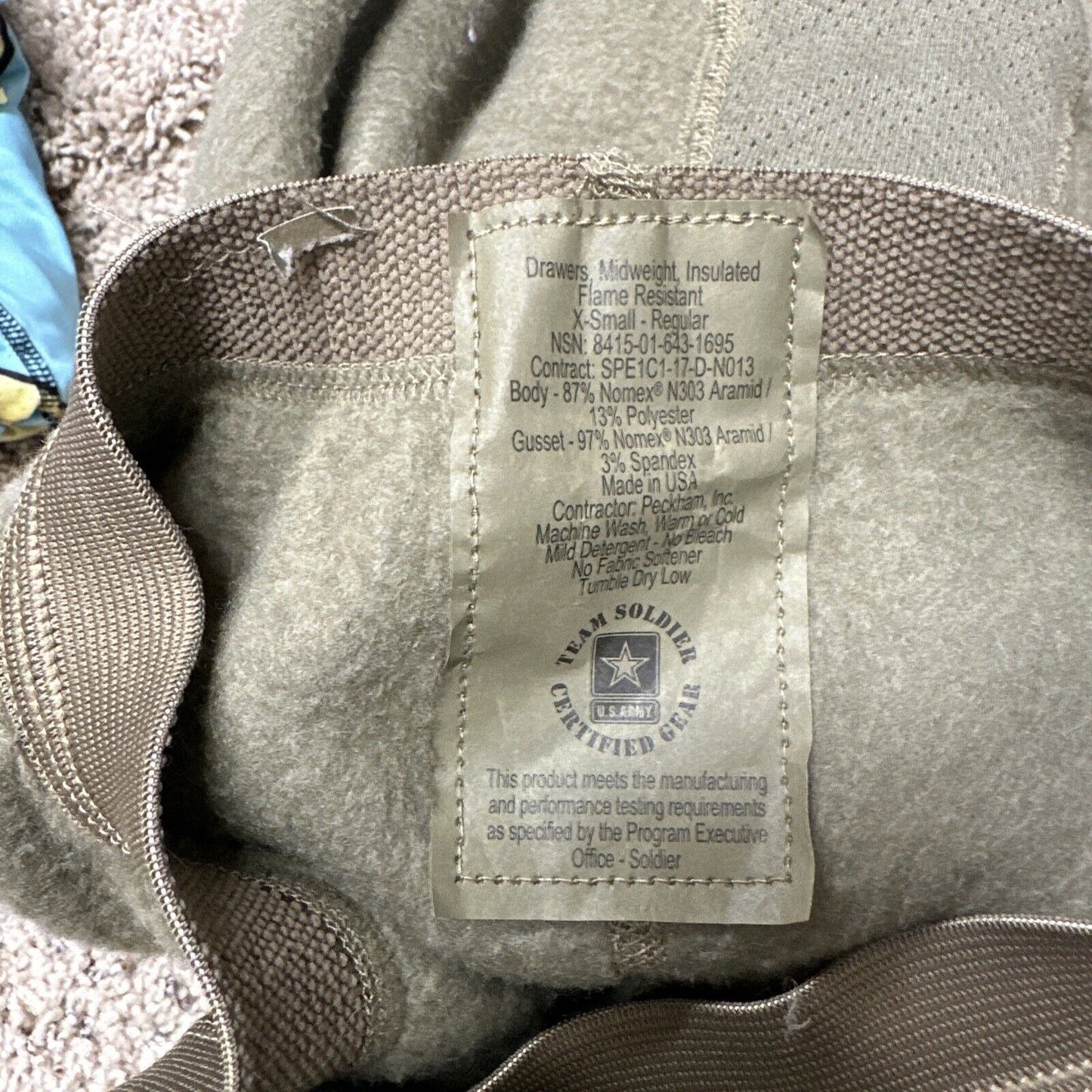 Men’s Army Tan Drawers Midweight Insulated X-small Regular Nomex thermal bottoms
