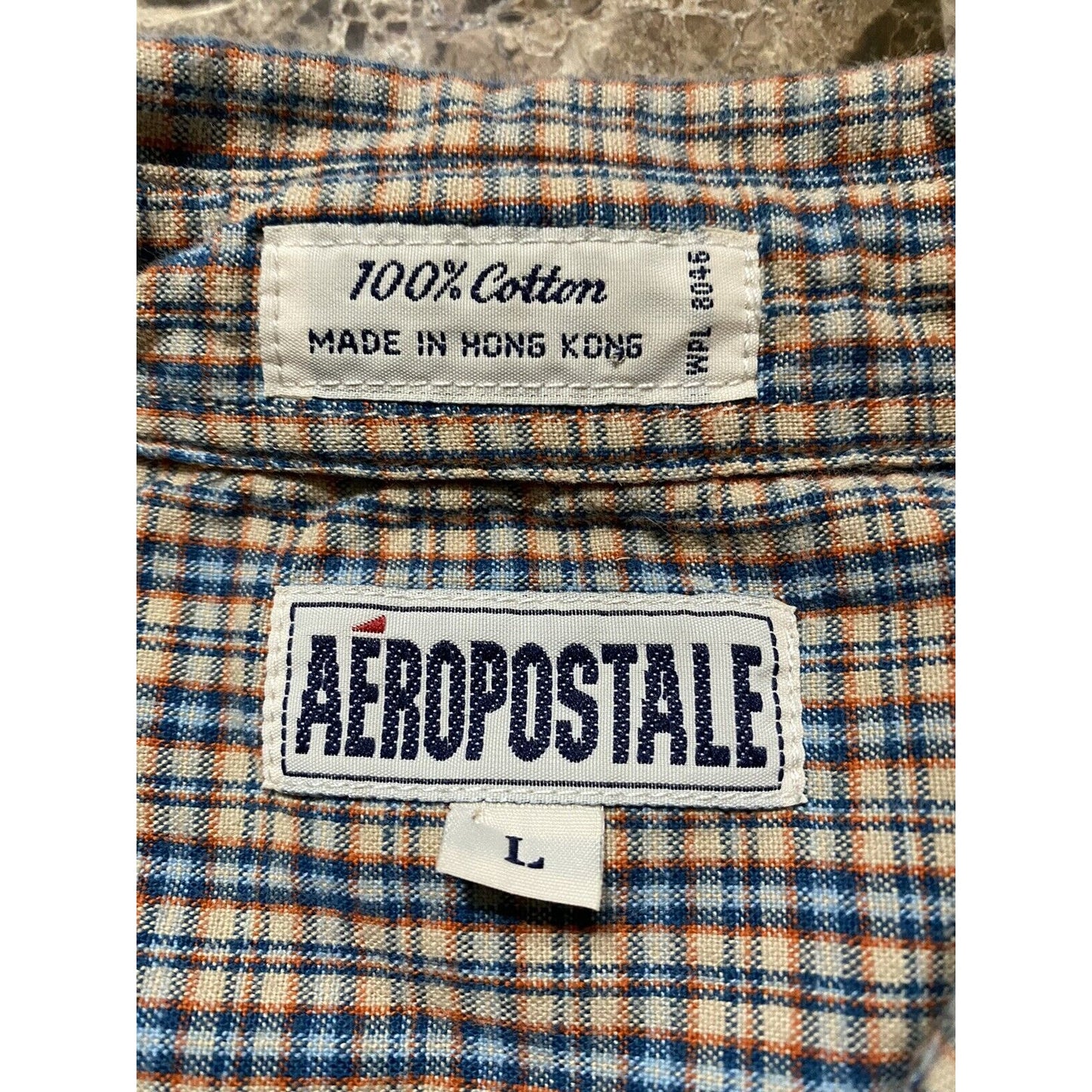 AEROPOSTALE Men’s Large Orange and Blue Checkered Button-down Short Sleeves