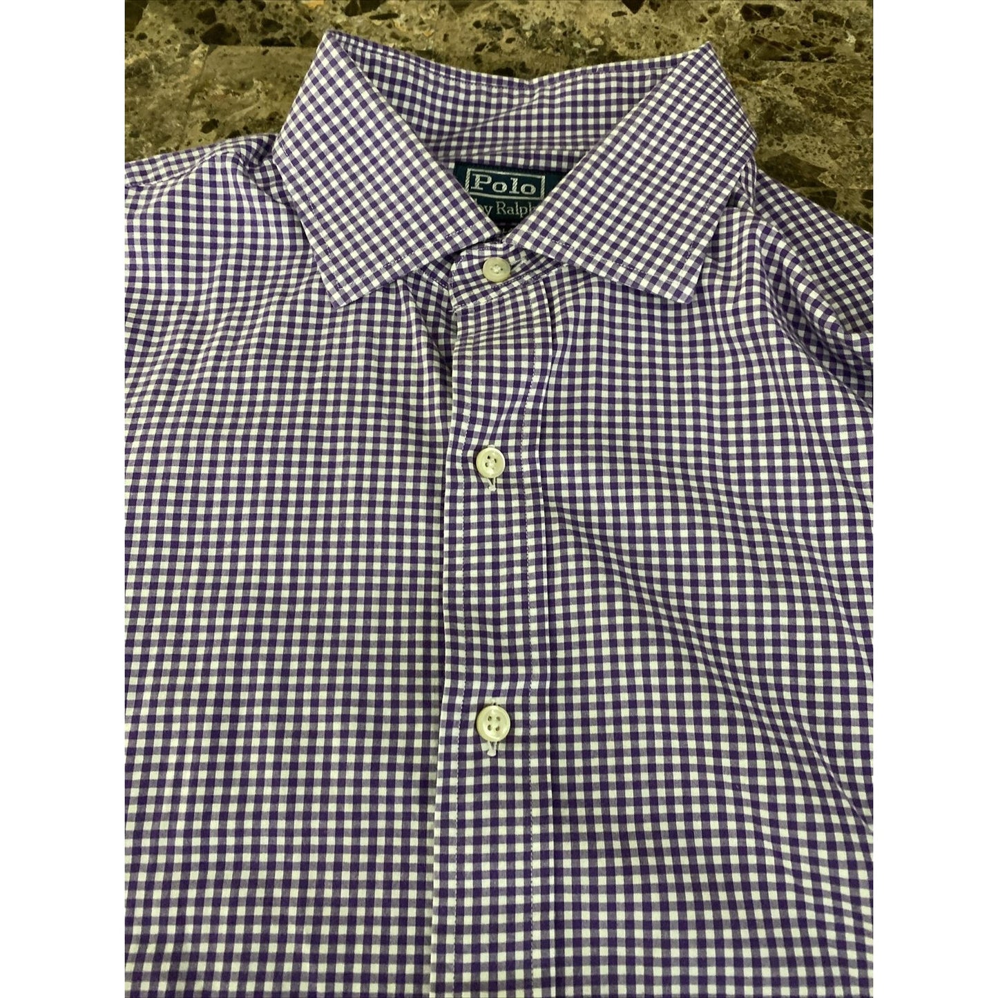 Polo Ralph Lauren Men’s Sz 16 1/2 Classic Fit Purple Gingham Plaid Long Sleeves