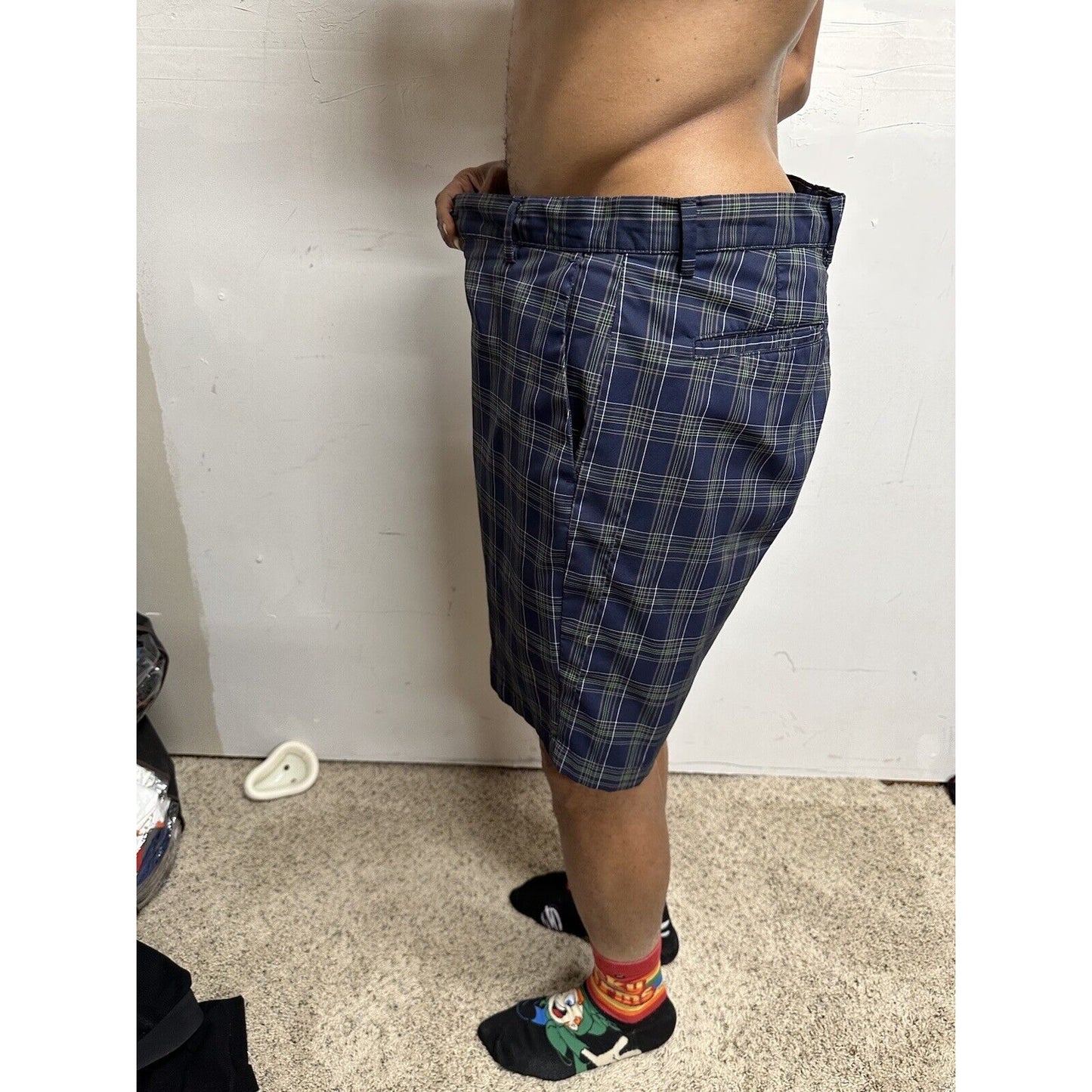 CHAPS Golf 78 Shorts Mens 36 Navy/Green/Grey Plaid Flat Front Stretch