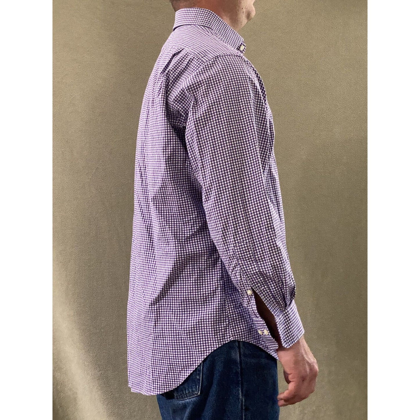 Polo Ralph Lauren Men’s Sz 16 1/2 Classic Fit Purple Gingham Plaid Long Sleeves