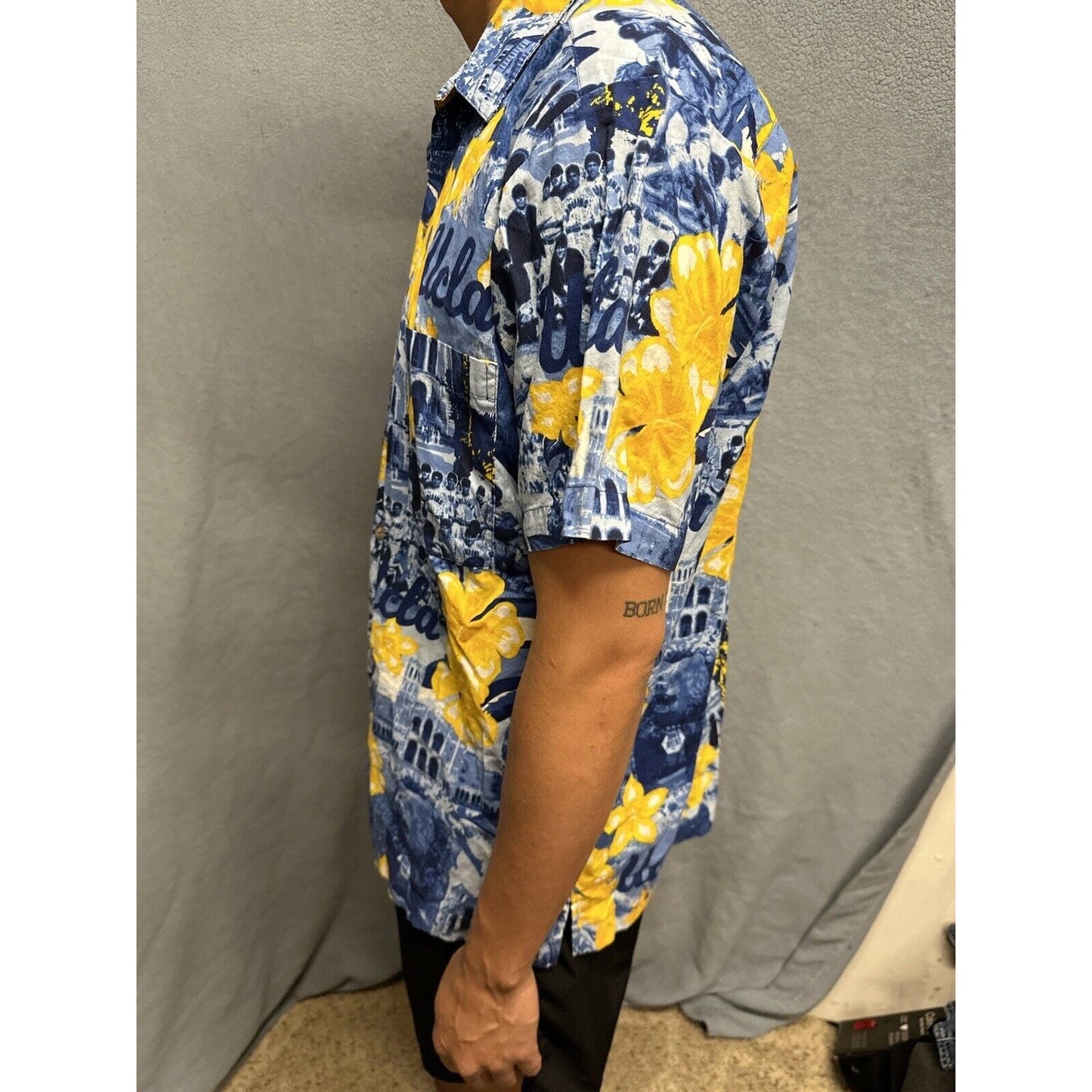 Men’s Medium Social Awearness Blue Yellow UCLA Button Up Shirt Short Sleeve