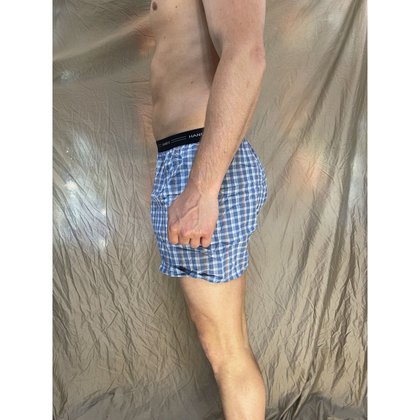 men's hanes blue plaid boxer shorts large confort flex