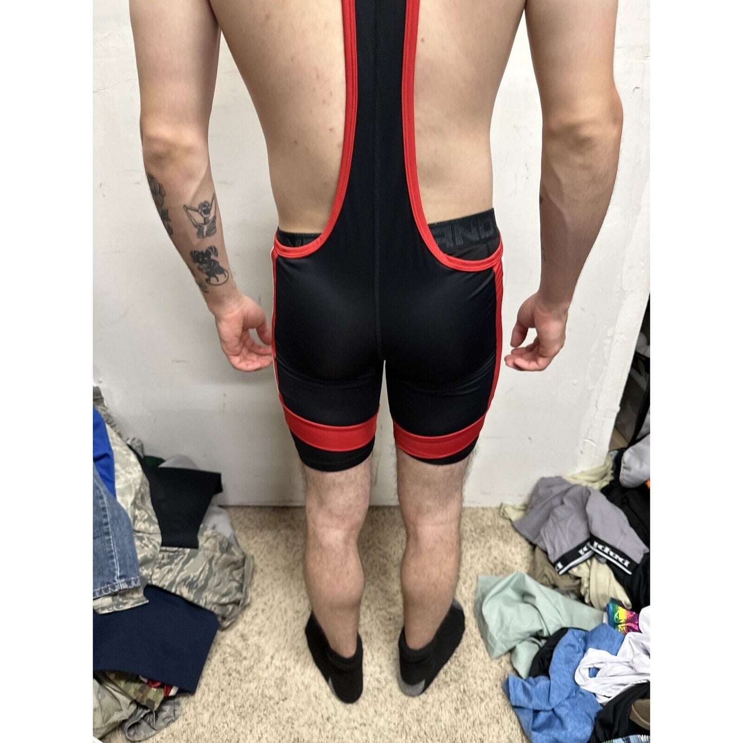 Men’s Tauwell Wrestling Singlet Black And Red With White Large