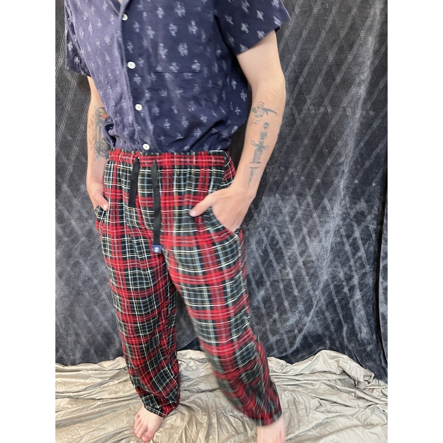 Izod Mens Lounge Sleep Pants Red Plaid Silky Flannel Pockets Button Fly Sz M