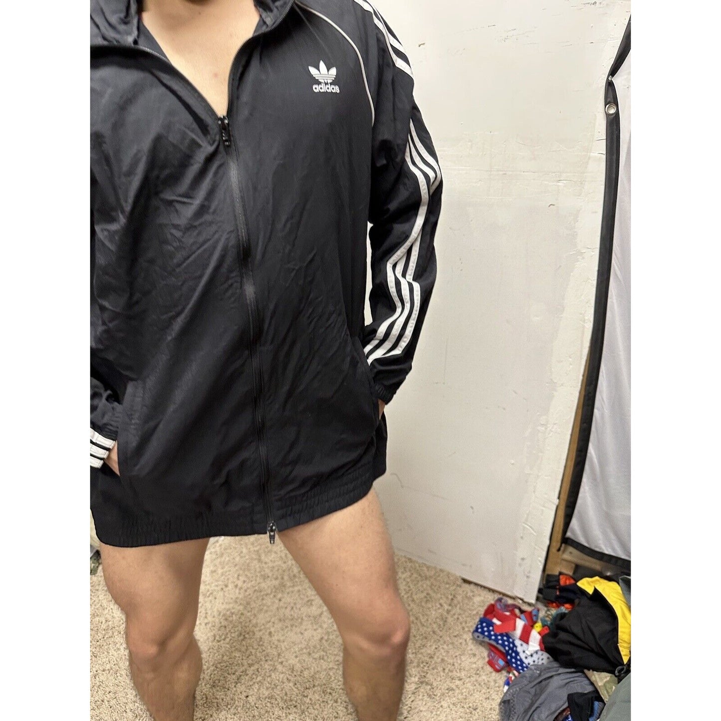 Adidas Men's Full Zip Hoodie Black /White Stripe