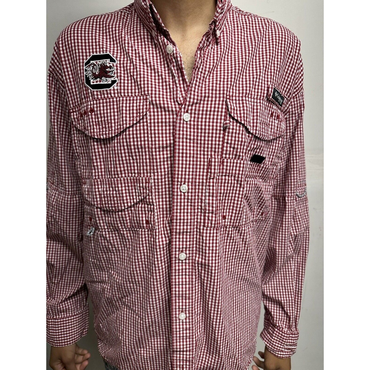 Men’s Red And White Checkered Columbia Super Bonehead Medium Gamecocks Shirt