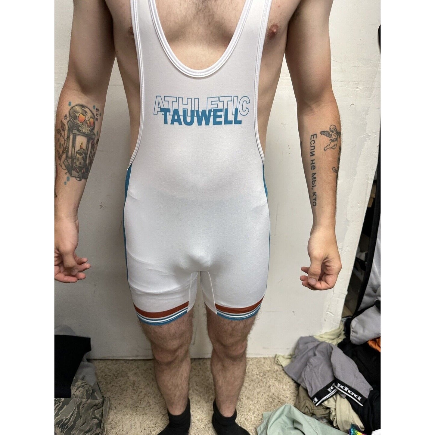 Men’s Tauwell White And Aqua Wrestling Singlet Medium