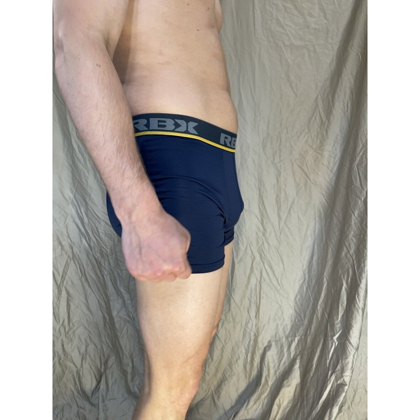 men's blue rbx compression boxer briefs yellow line on band Large