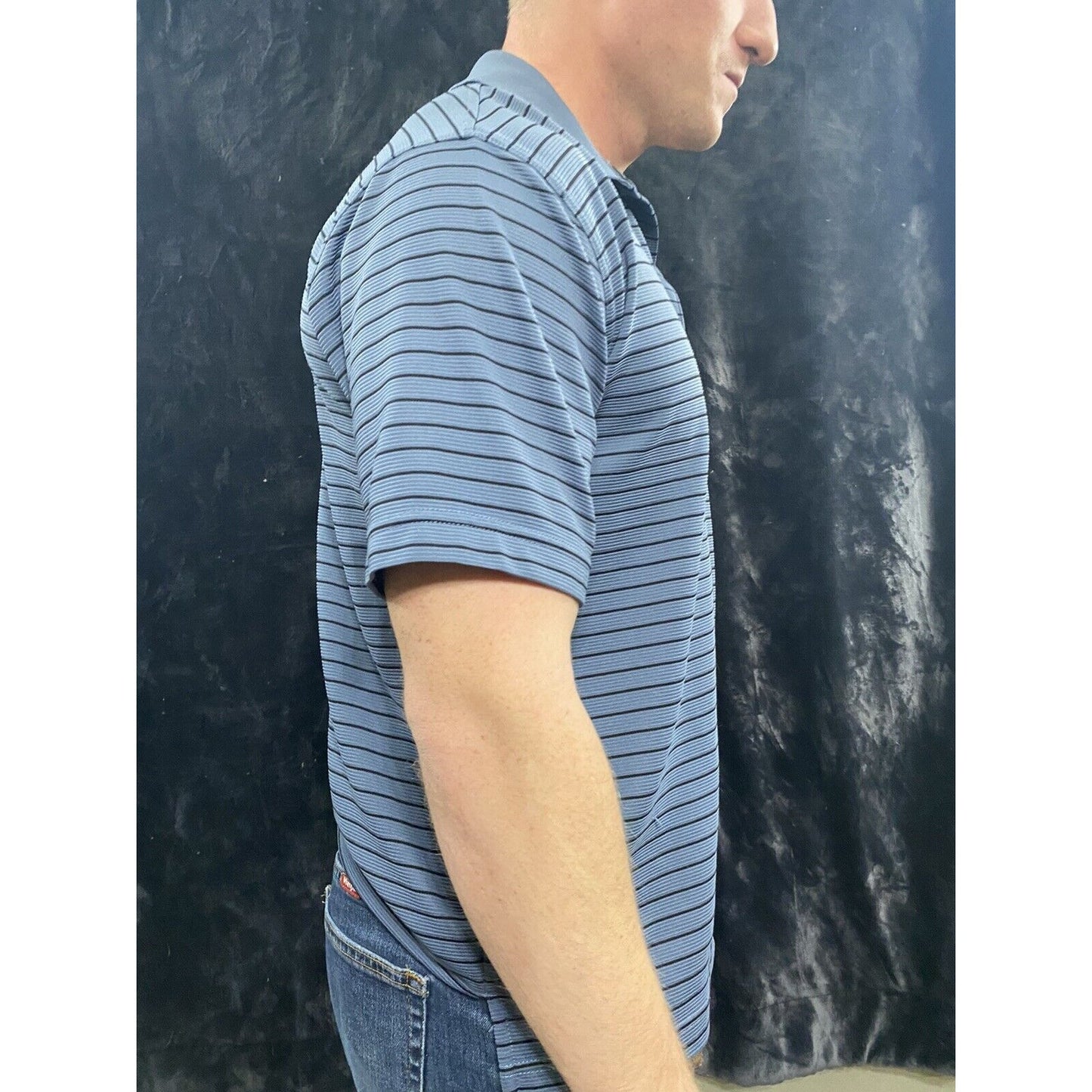 GRAND SLAM PERFORMANCE GOLF Lichen Blue w/Black Stripes Men’s Medium Polo Shirt